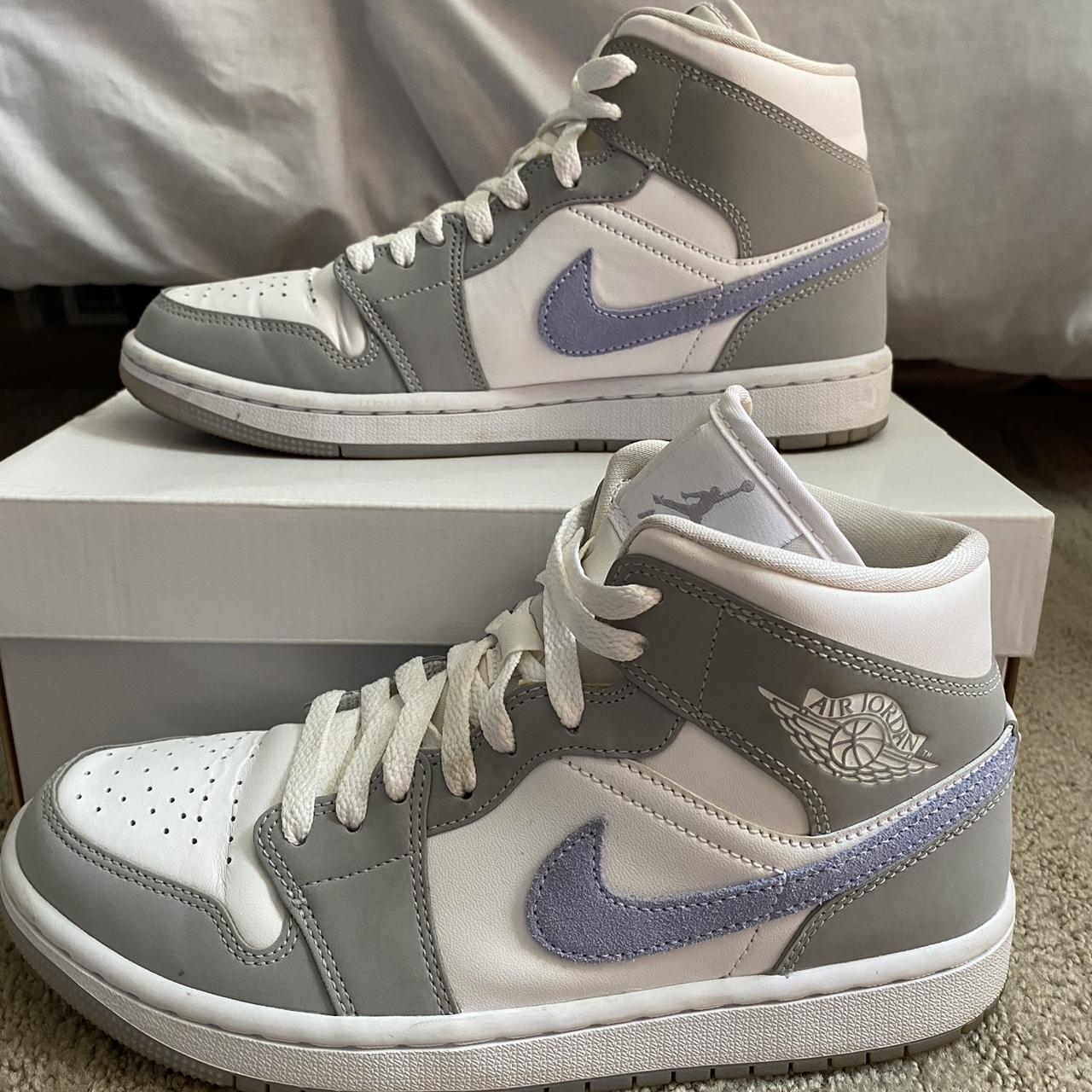 Nike Jordan 1 Mid Wolf Grey Aluminum (W) size 7.5,... - Depop