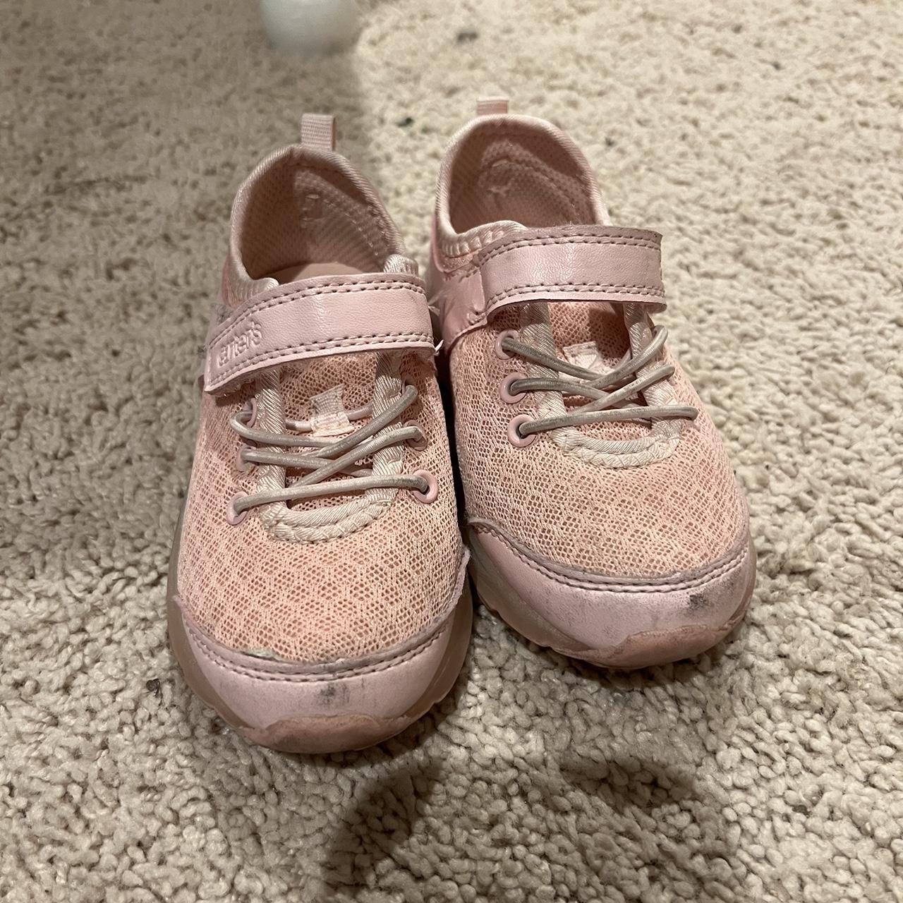 Pink kids tennis shoes, no laces strap up. They... Depop