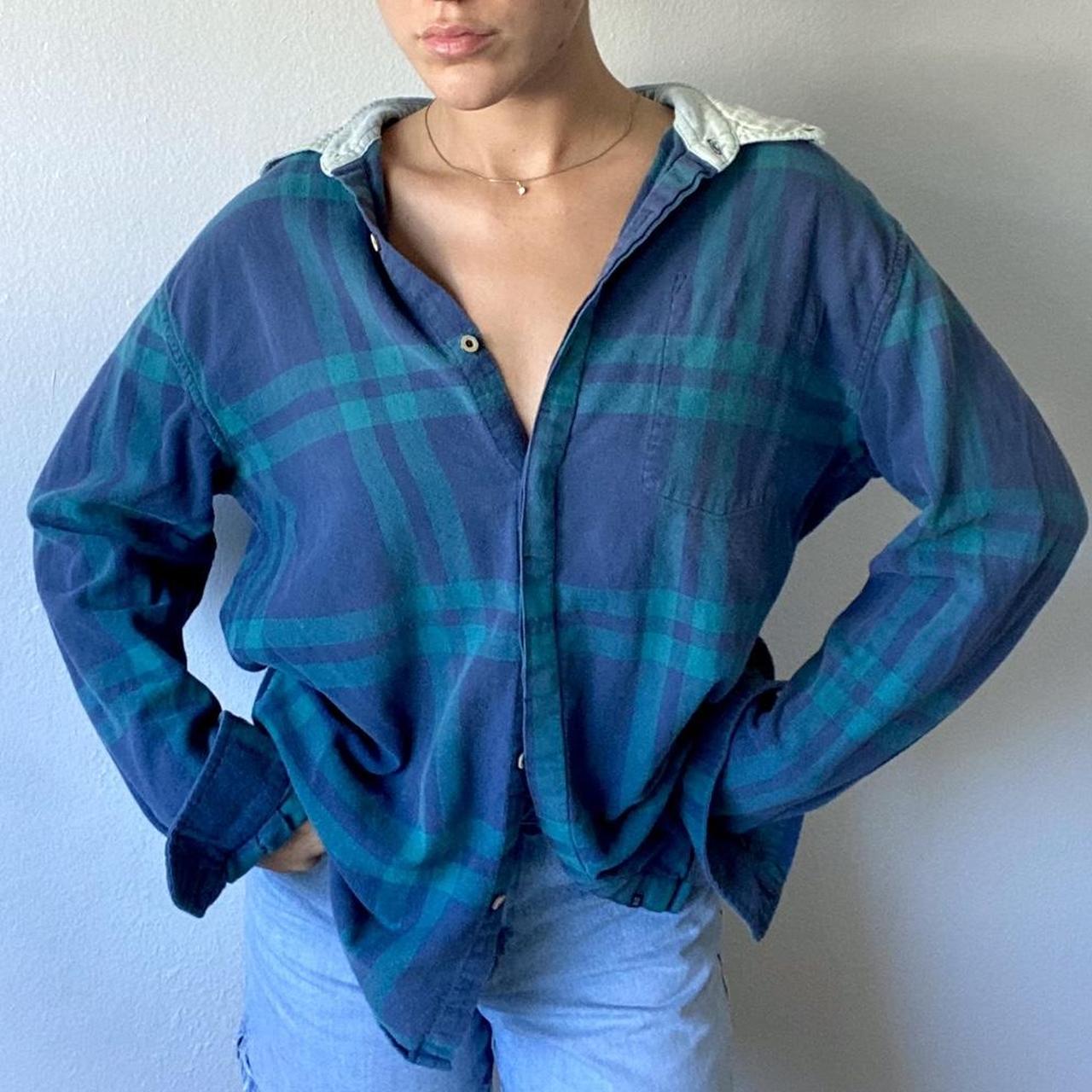 Insight - Navy Blue and Green Plaid Flannel Free... - Depop
