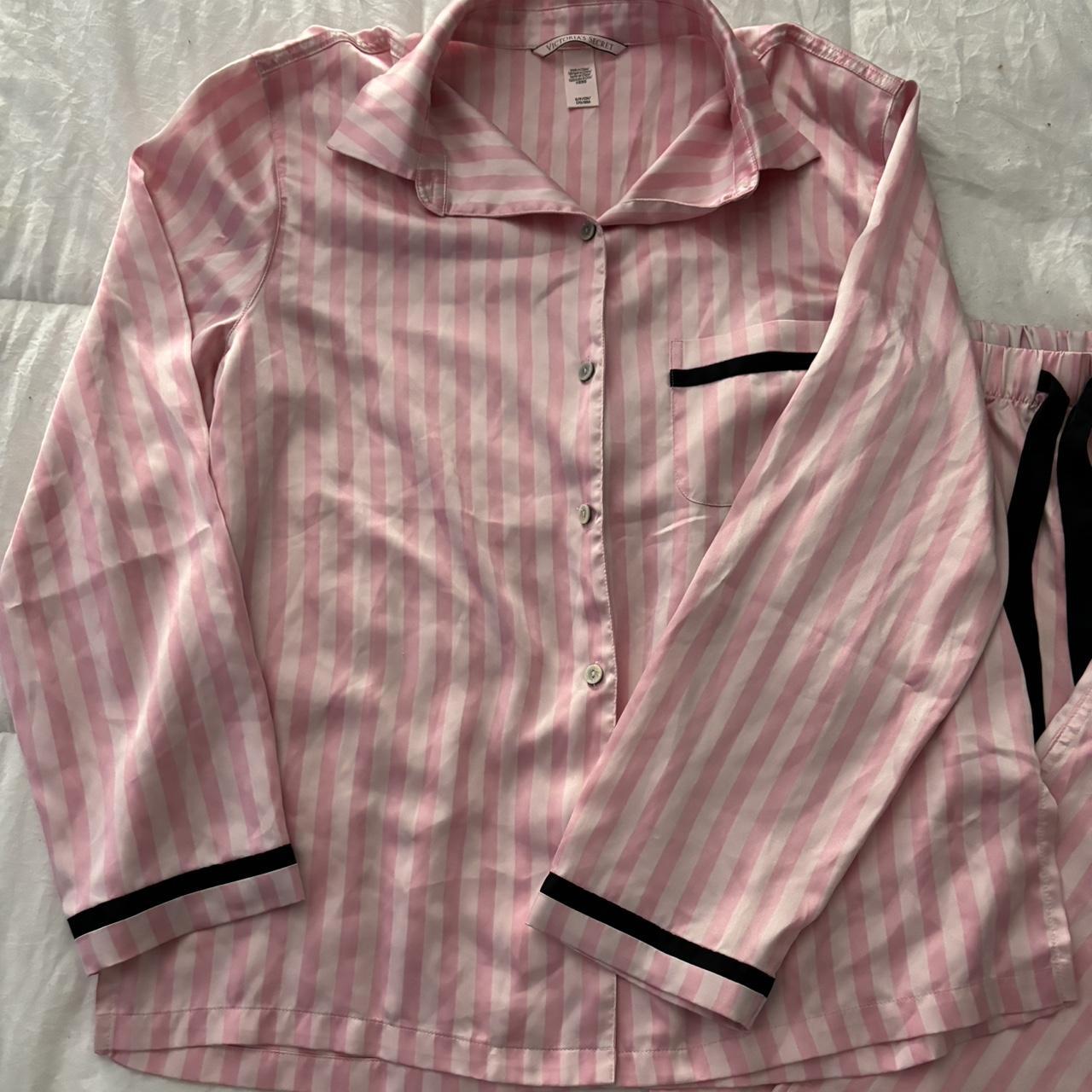 Victorias Secret Original Pink Striped Satin Pajamas... - Depop