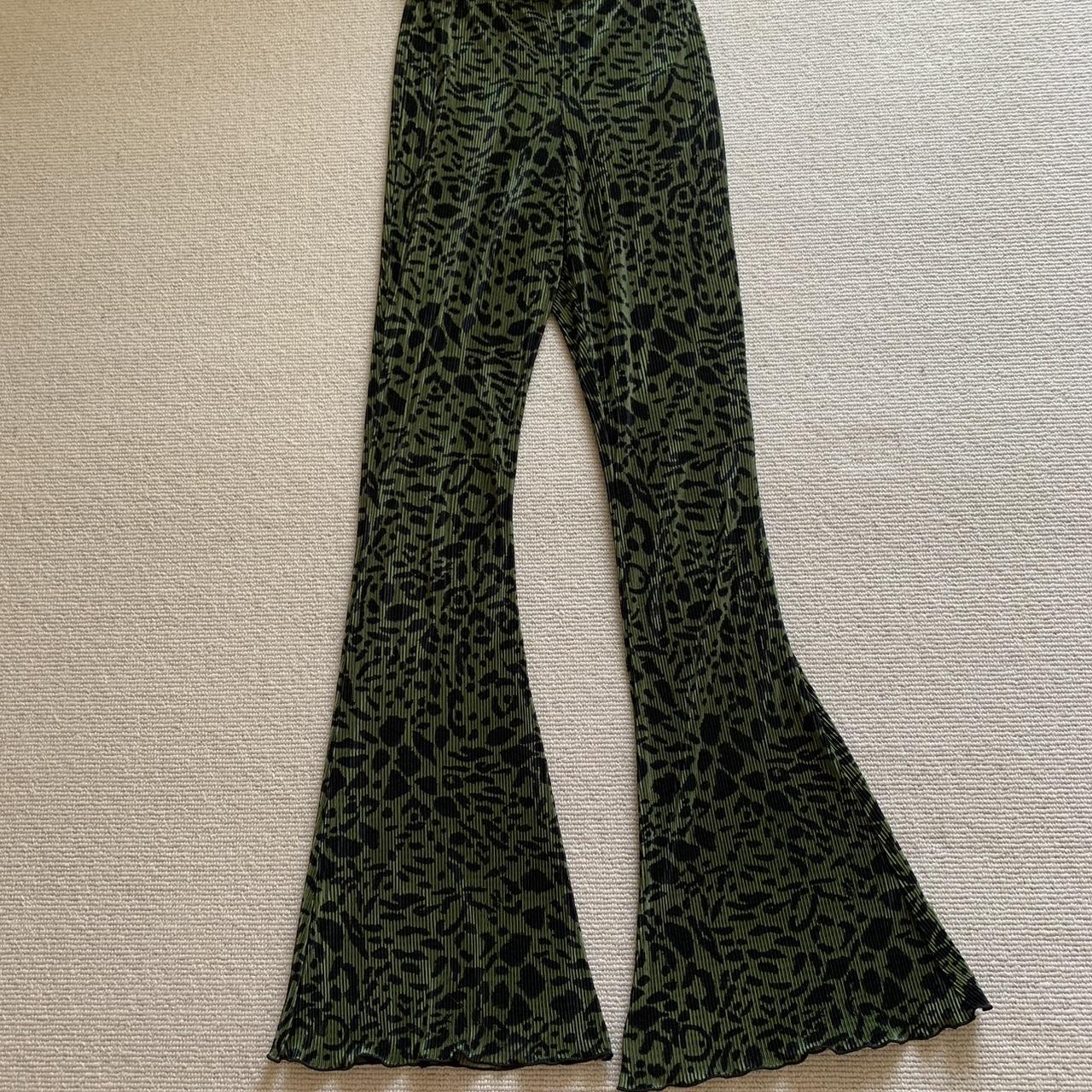 Topshop flared green leopard print trousers,