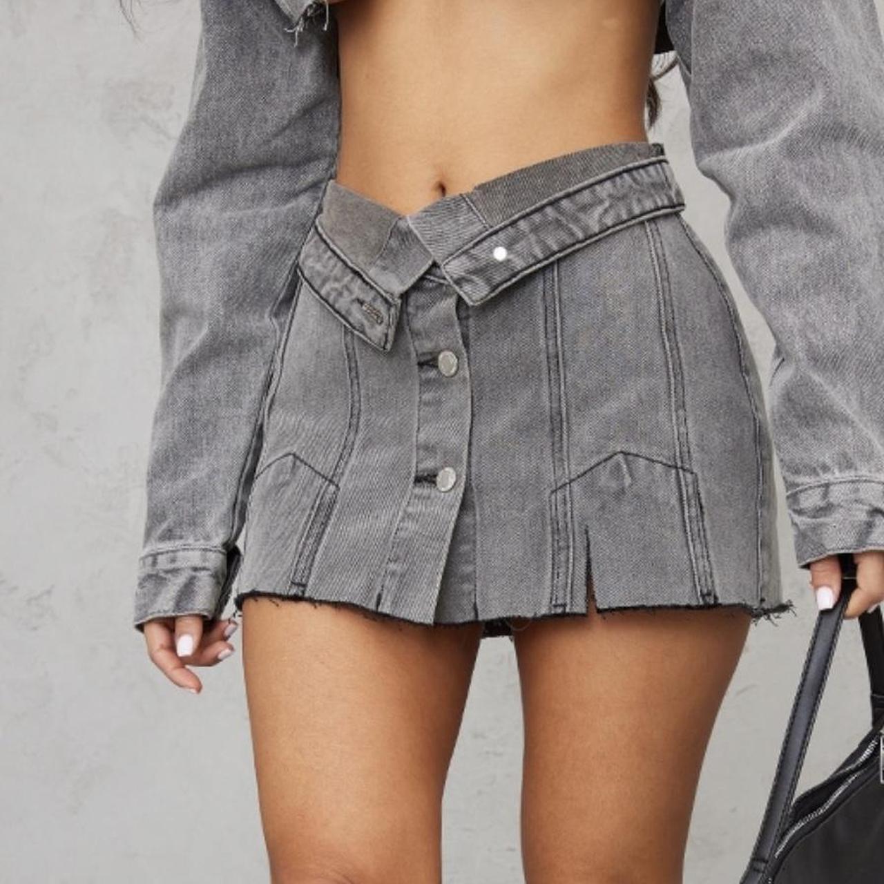 Gray Button Front Jean Skirt Petite Grey Distressed Button Front