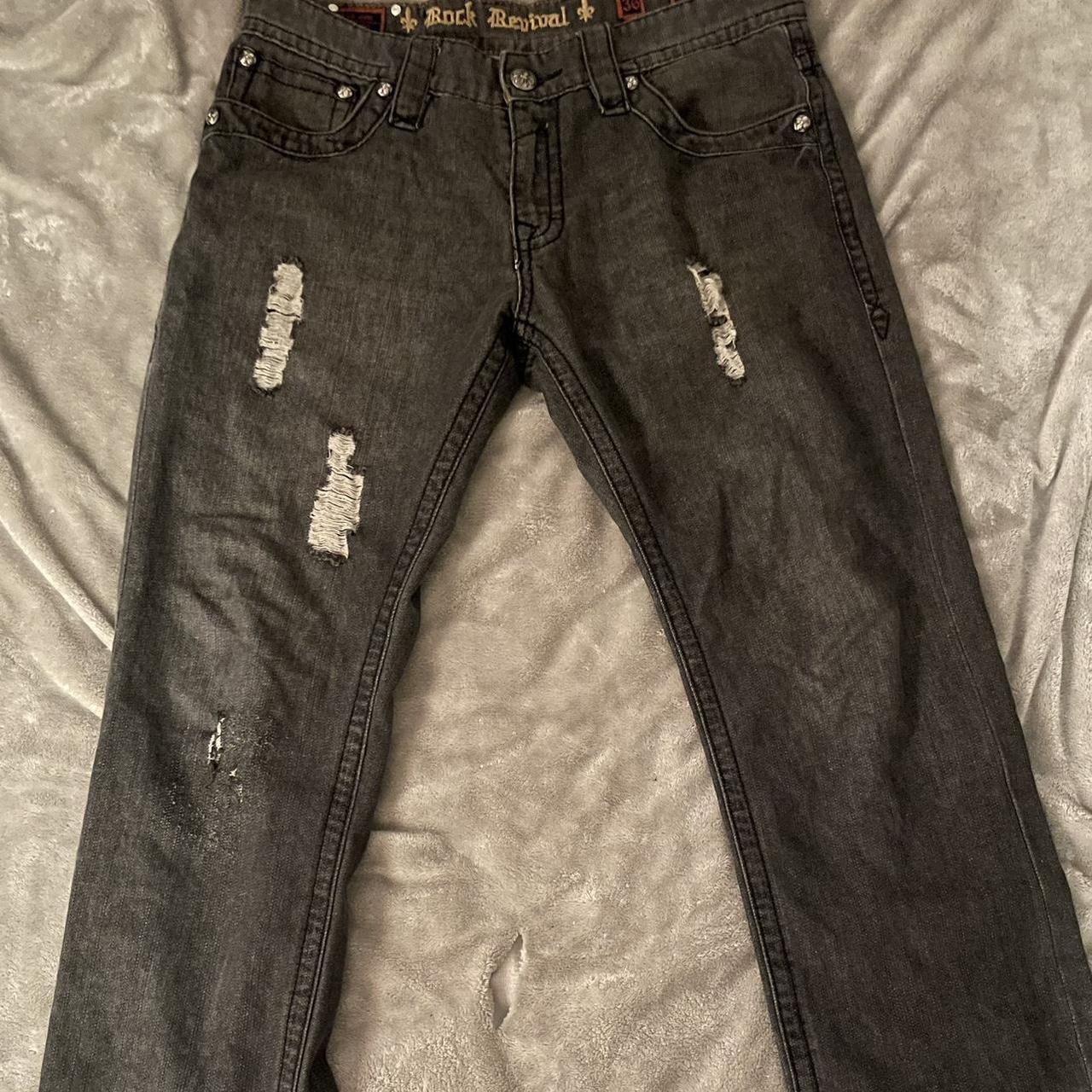 grey embroidered rock revival jean grey+distresed - Depop