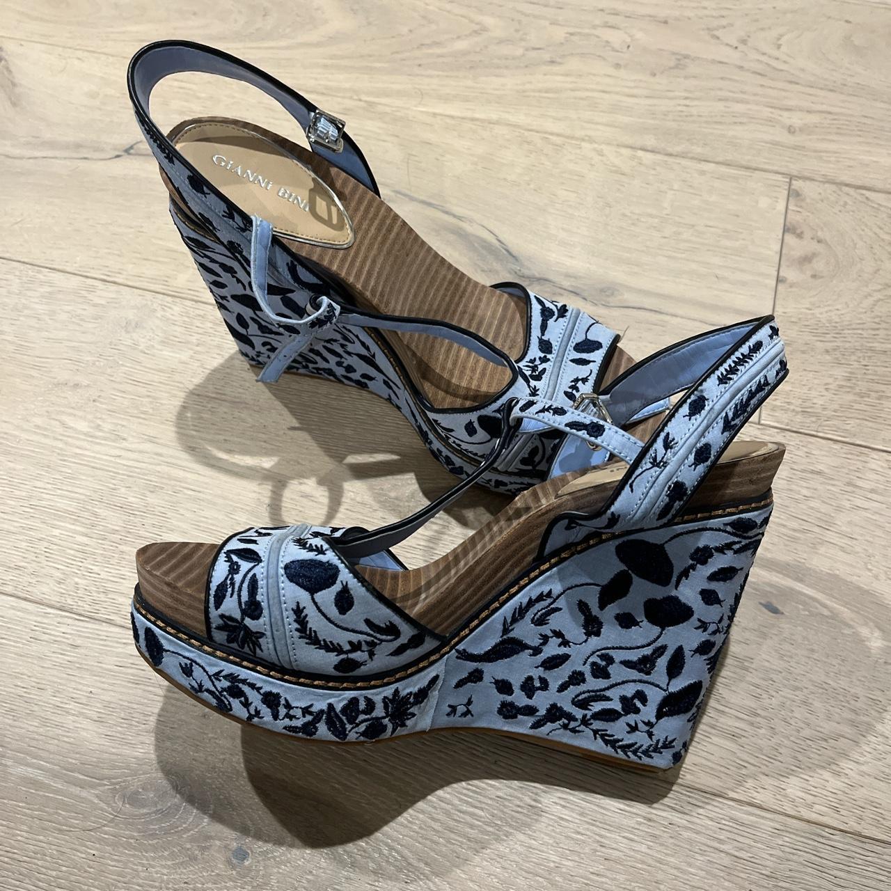 Gianni Bini blue floral wedged heels with ankle... - Depop