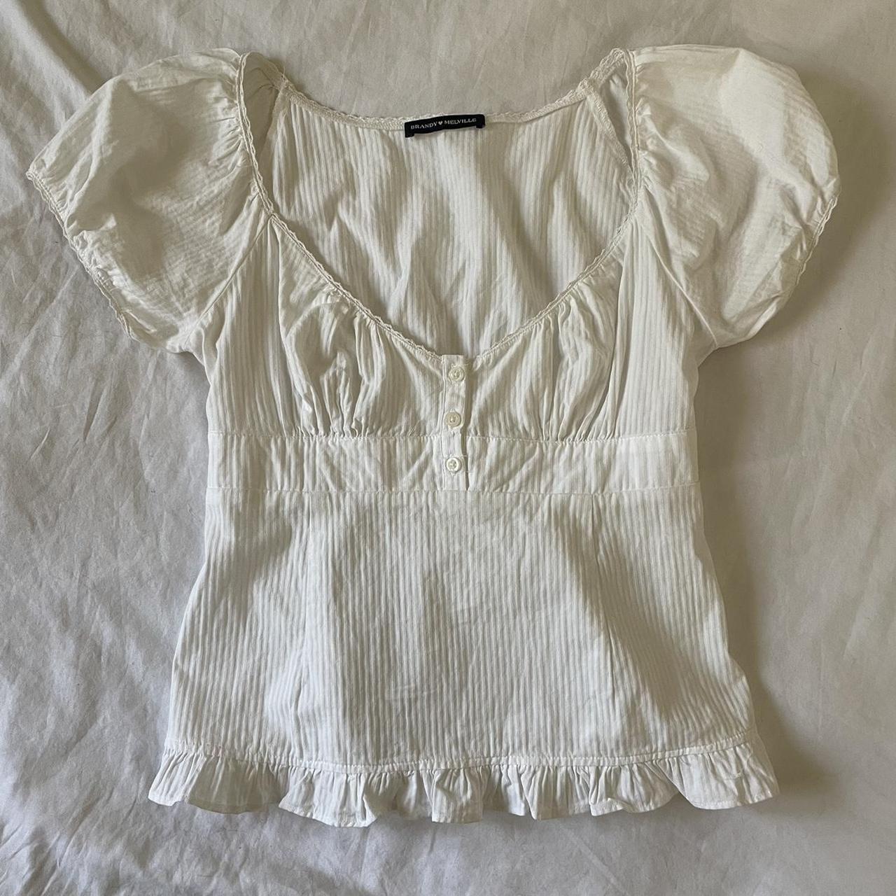 Brandy Melville White Blair Cotton Ruffle Blouse... - Depop