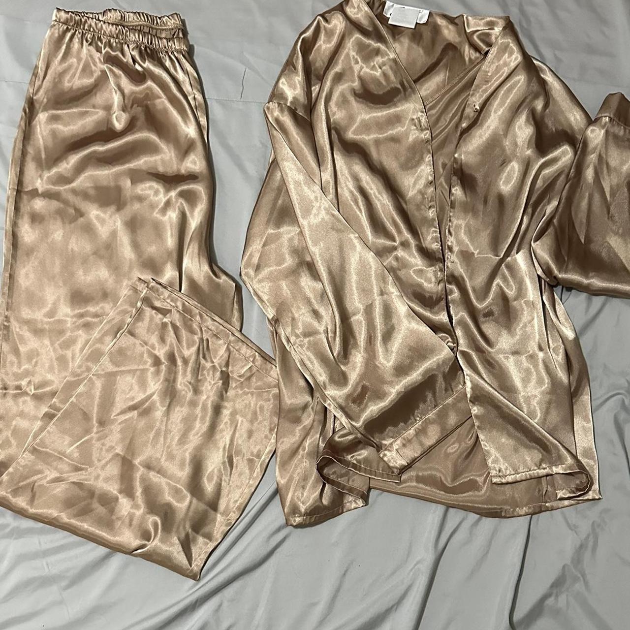 two-piece silk pajama set. top is a button down and... - Depop