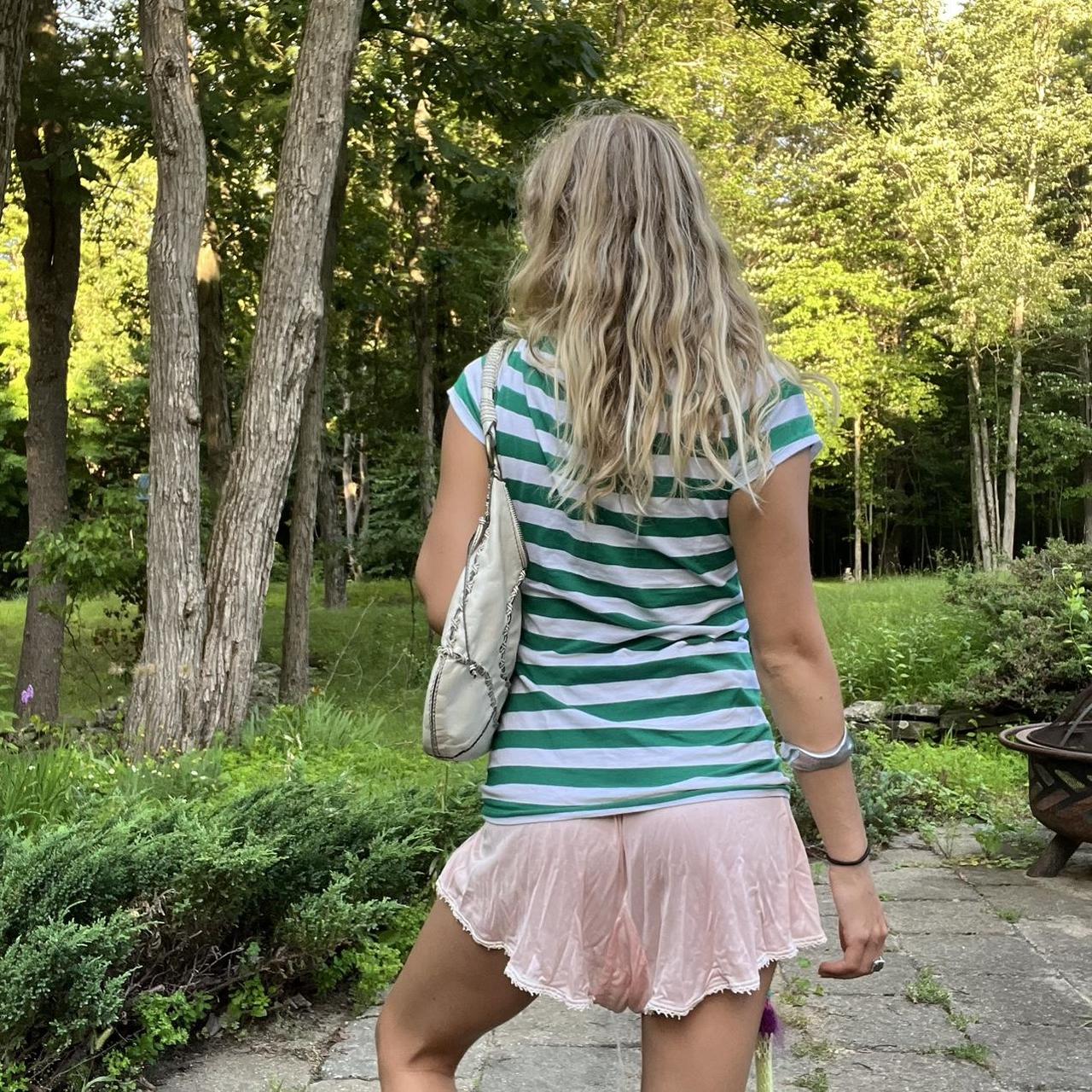 Y2k green & white striped baby tee Size L By | Depop