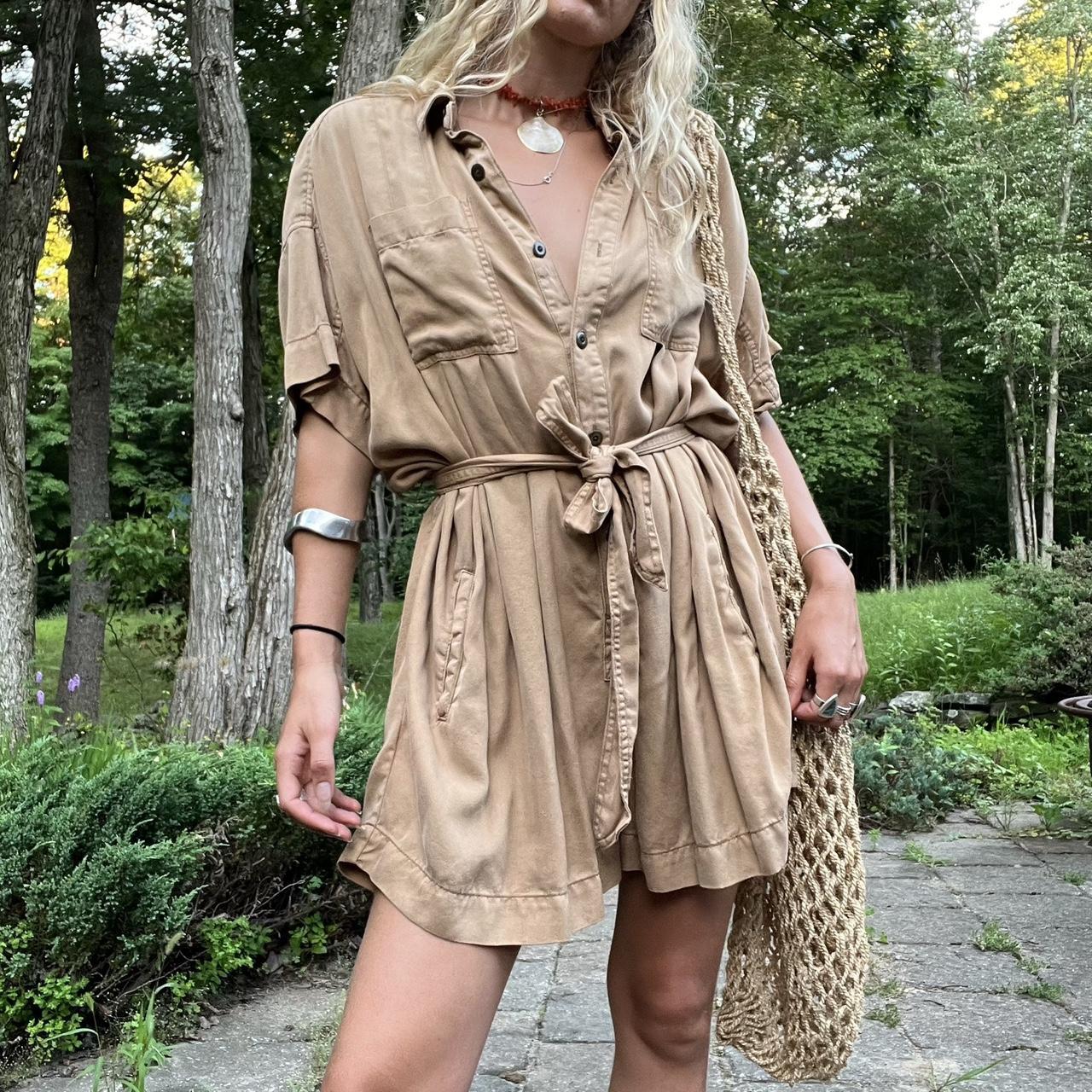 Boho earthy tan utility romper / jumpsuit Size... | Depop