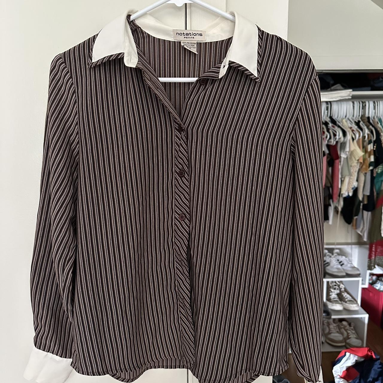 brown, black & white button up shirt perfect for a... - Depop