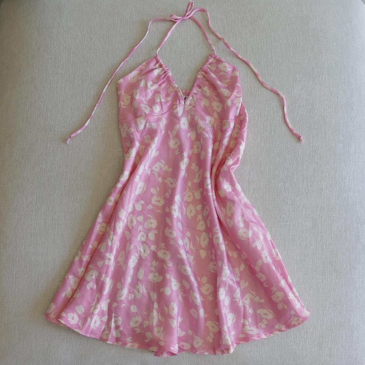 Verge Girl Pink/White Floral Satin Halter Mini... Depop