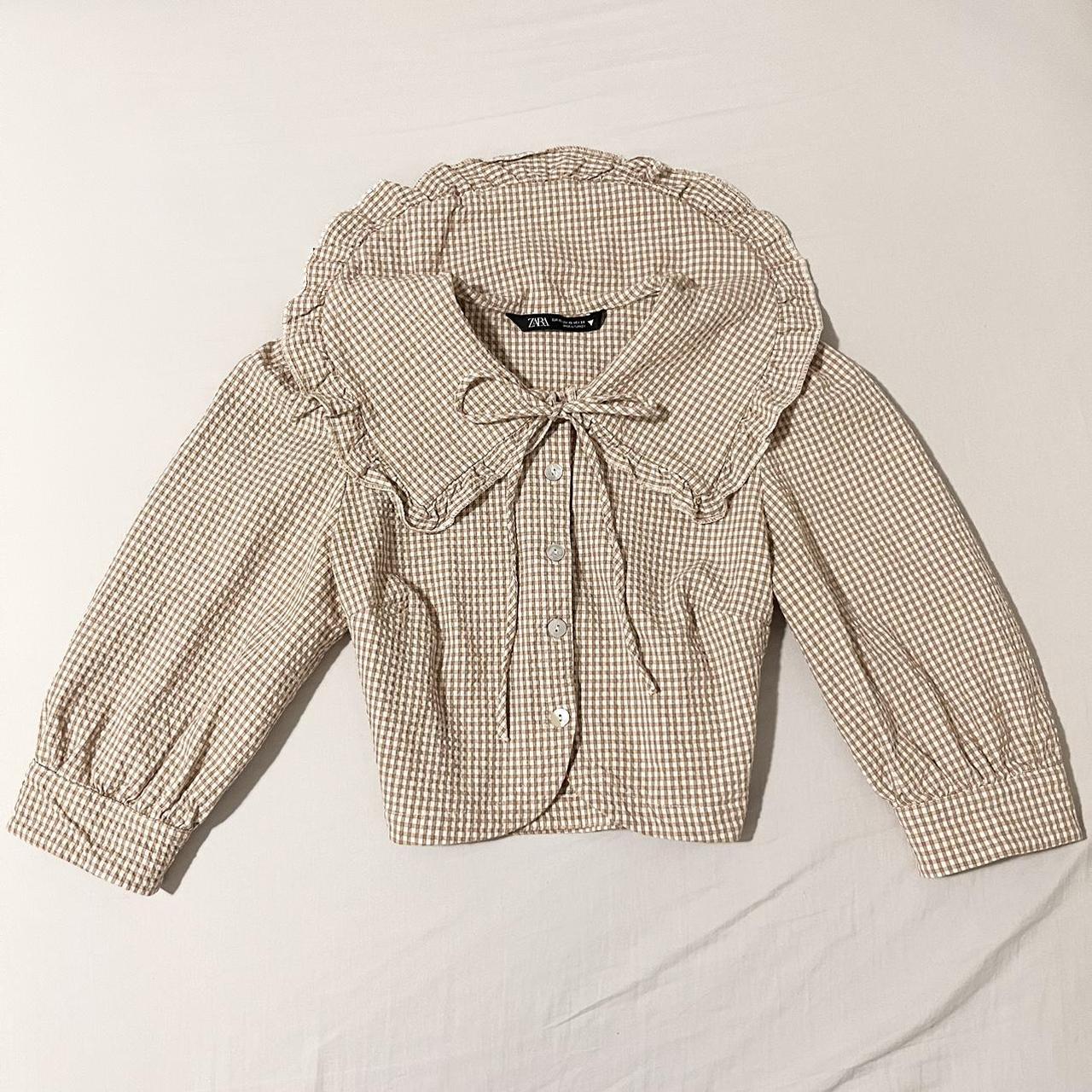 zara brown gingham sailor collar blouse • size xs •... Depop