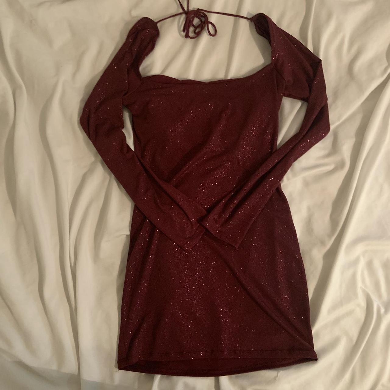 Giulia Sparkling Square Neck Dress in Burgundy red... - Depop