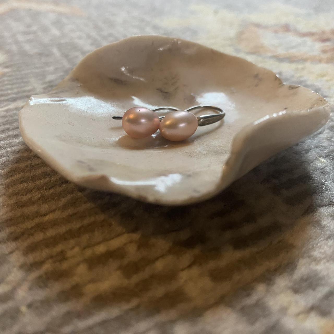 Pink faux pearl earrings silver color but tarnished Depop