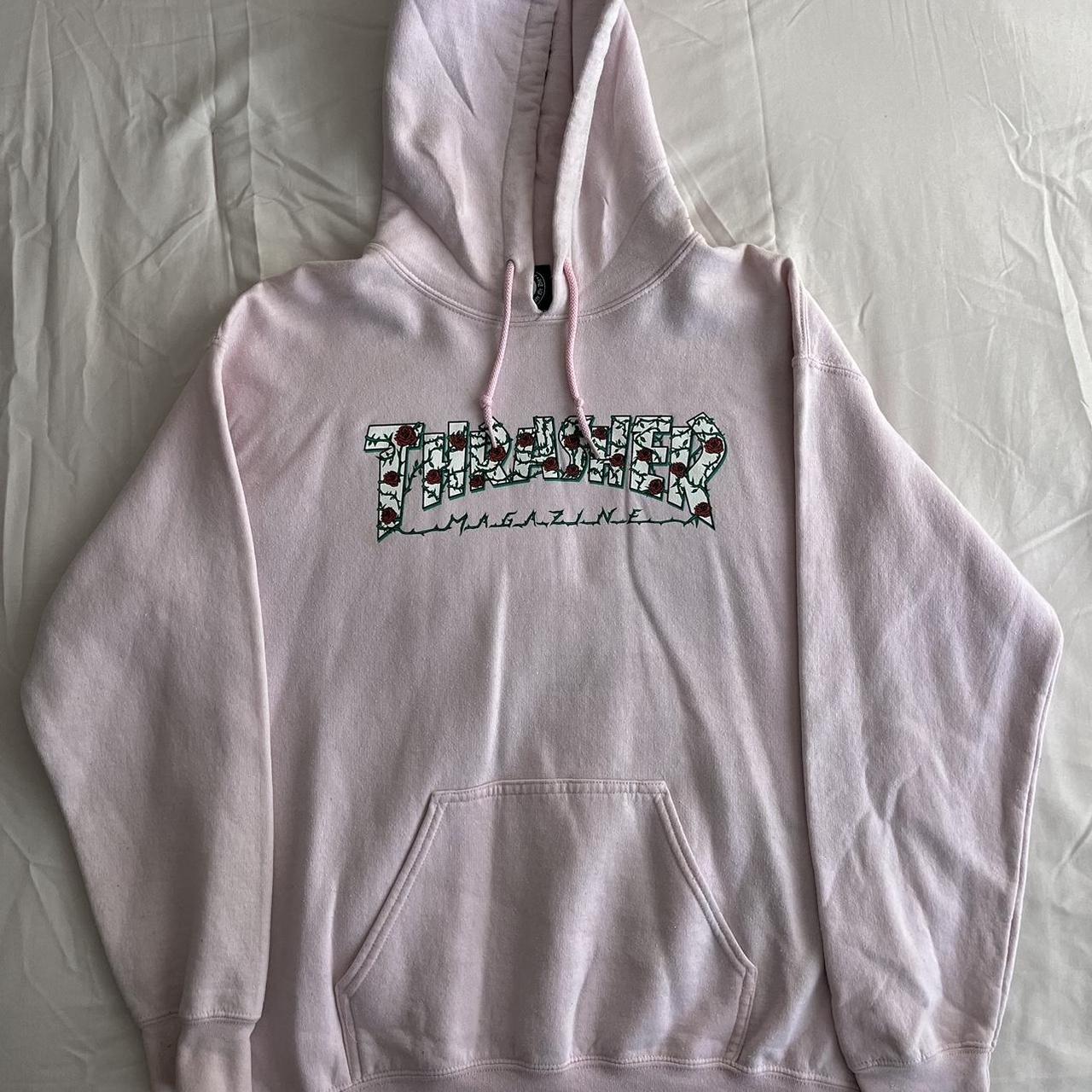 thrasher pink rose design hoodie cool pink hoodie. Depop