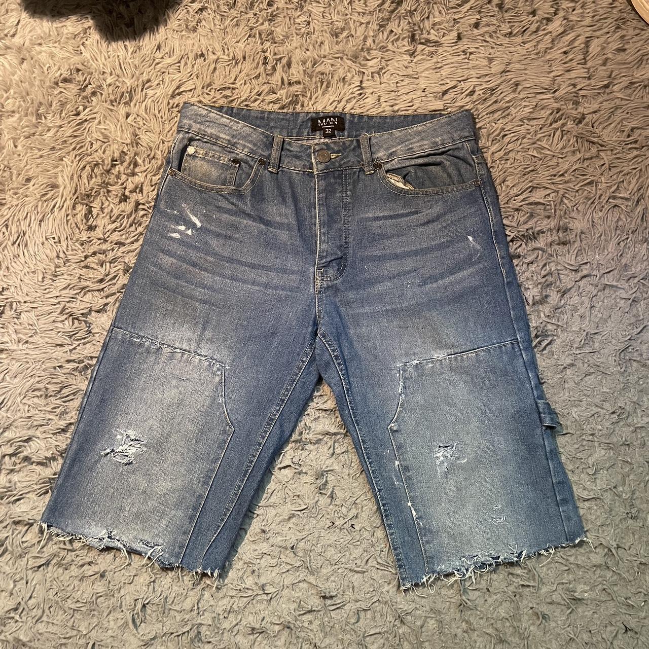 boohoo man double knees into custom jorts w/ paint Depop