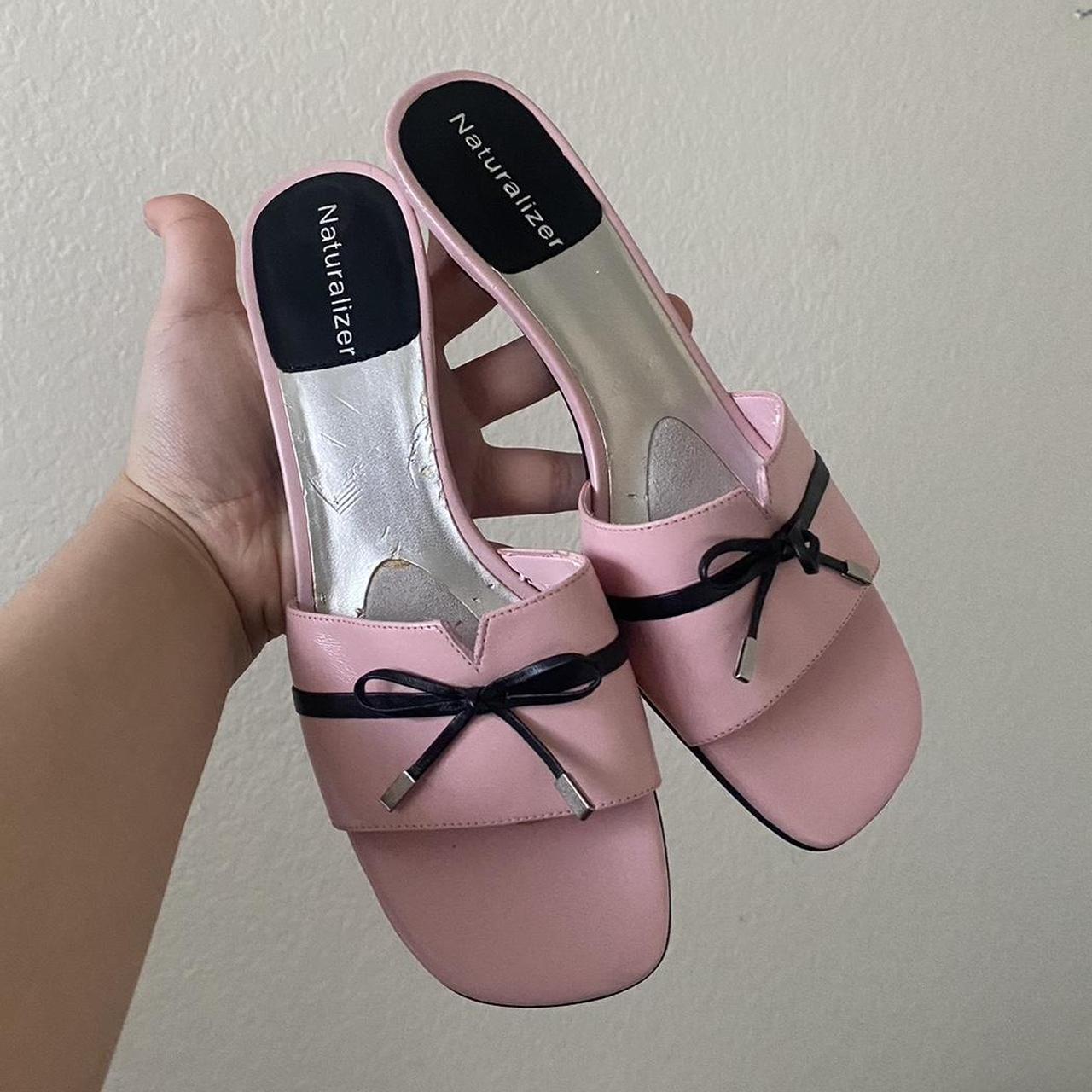 Pink and black low heel sandals Coquette heels... - Depop