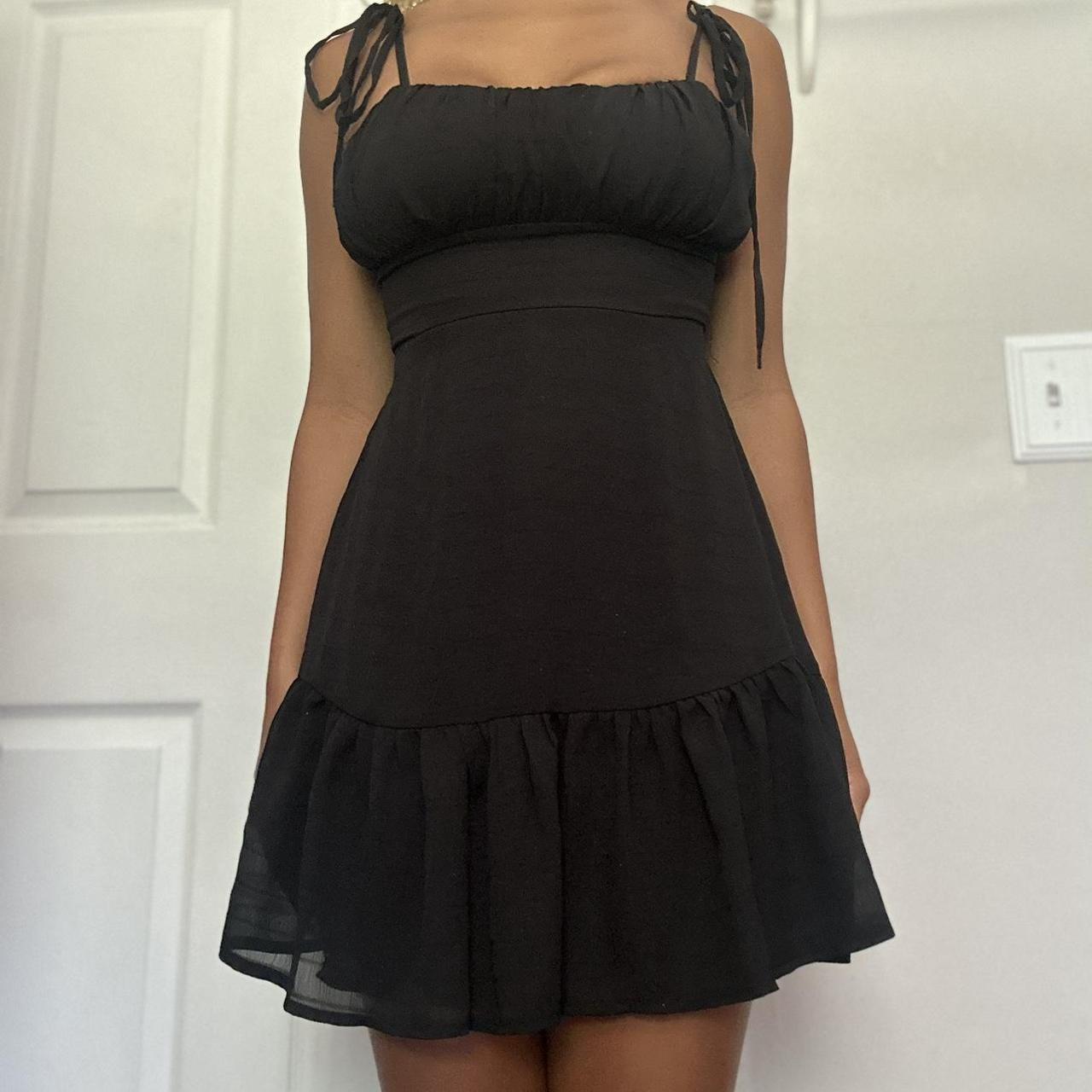 Small black mini chiffon dress with tie spaghetti... - Depop