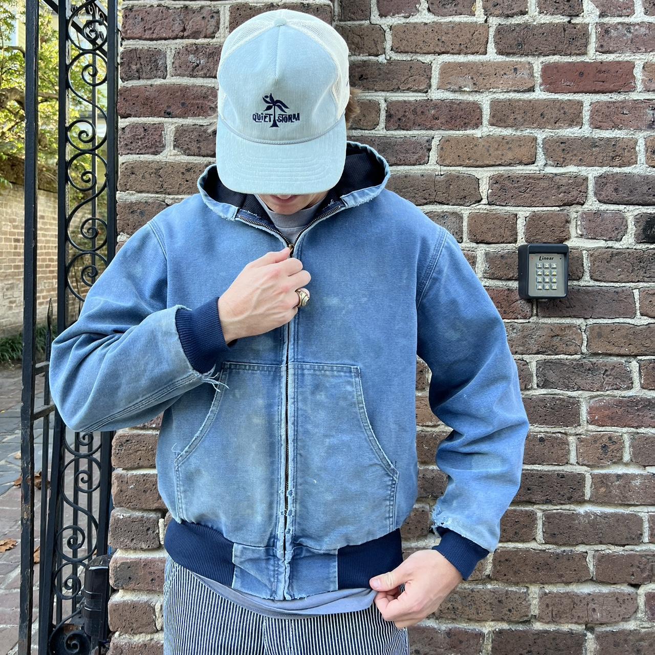 Vintage Blue Carhartt Jacket Faded And Distressed, - Depop