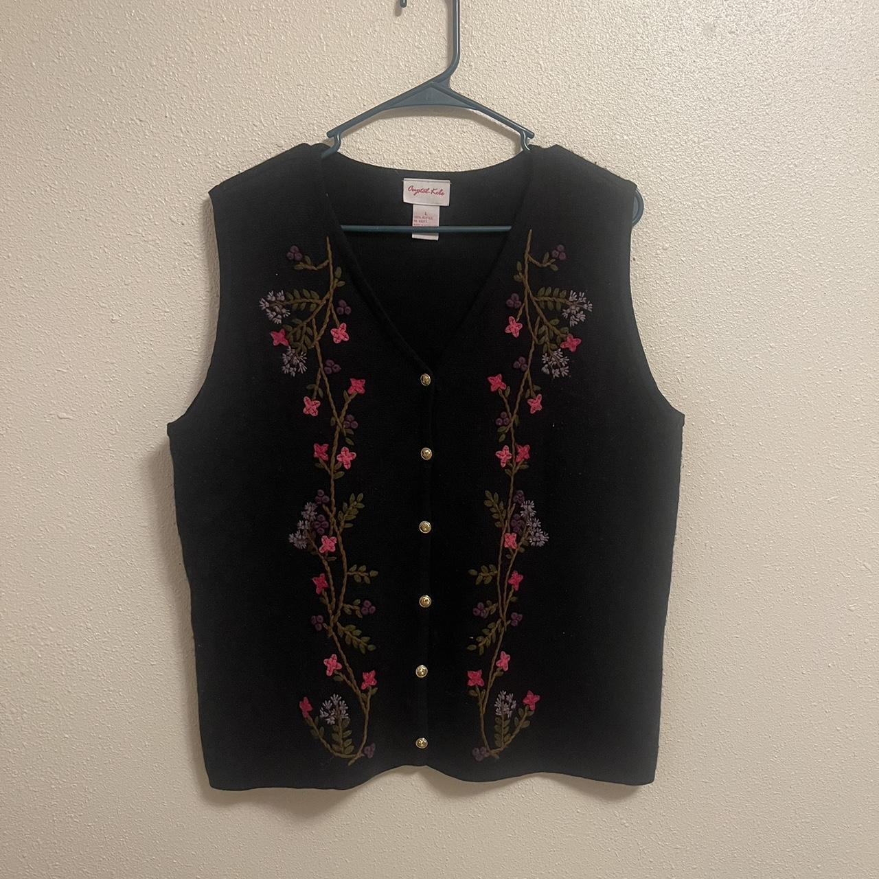 Black vest with floral embroidery and gold buttons... - Depop