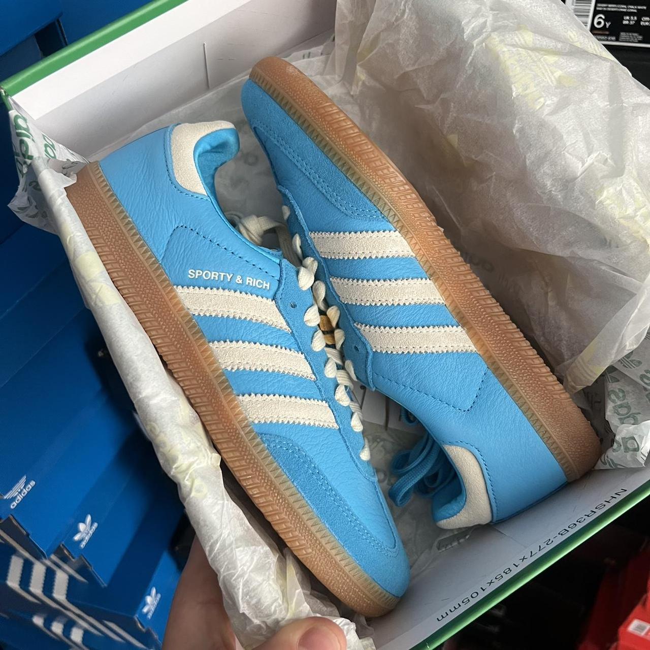 ADIDAS SAMBA SPORTY AND RICH BLUE AND BEIGE... - Depop