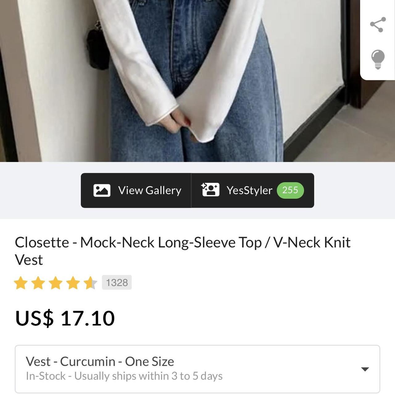 Closette - Mock-Neck Long-Sleeve Top / V-Neck Knit Vest