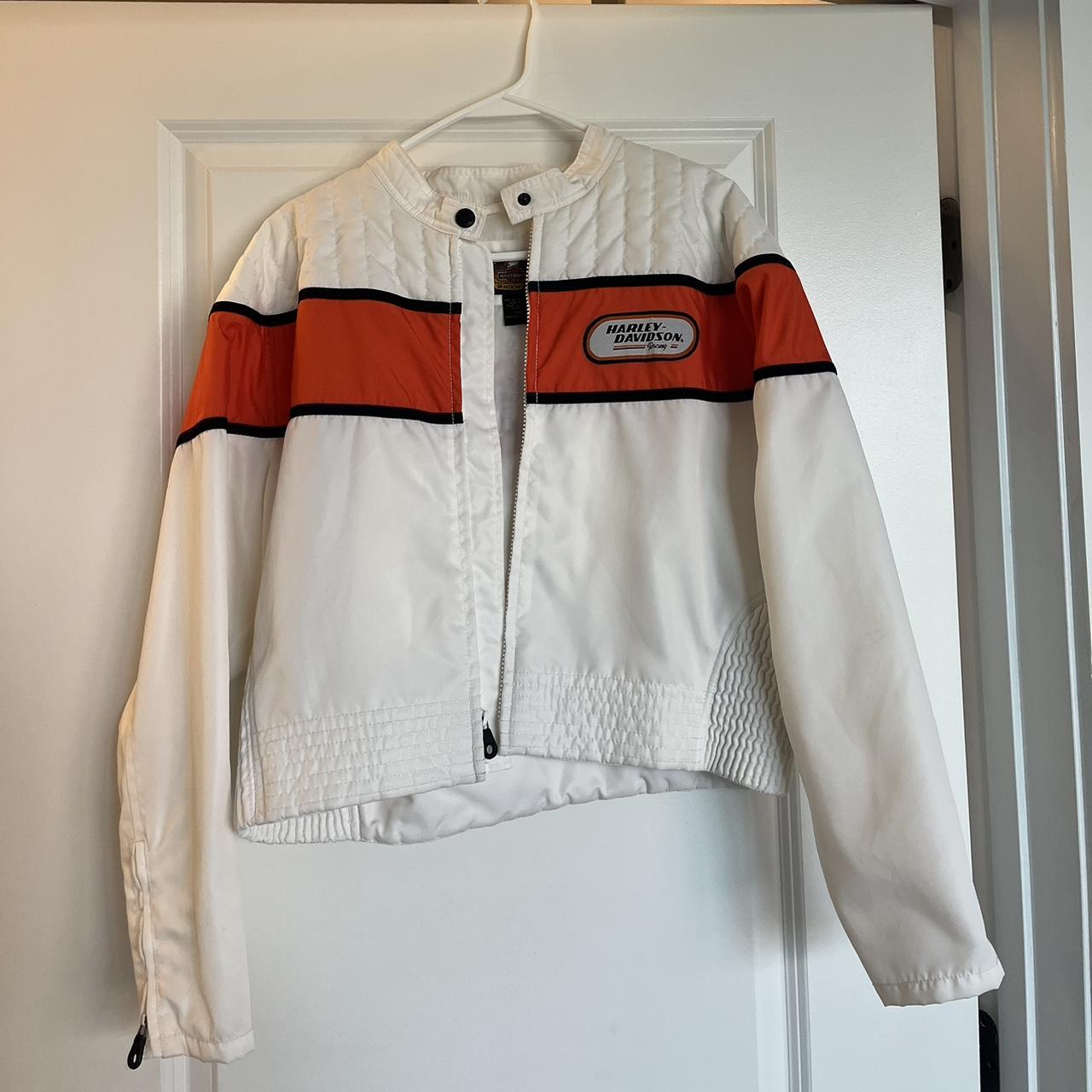 Harley Davidson Women's White and Orange Jacket Depop