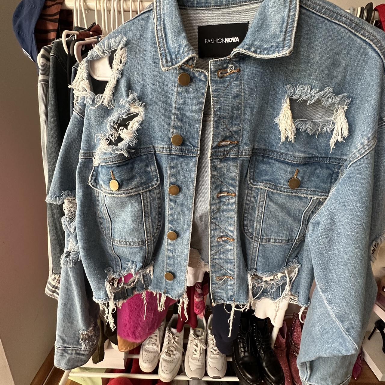 Fashion nova distressed denim jacket hotsell