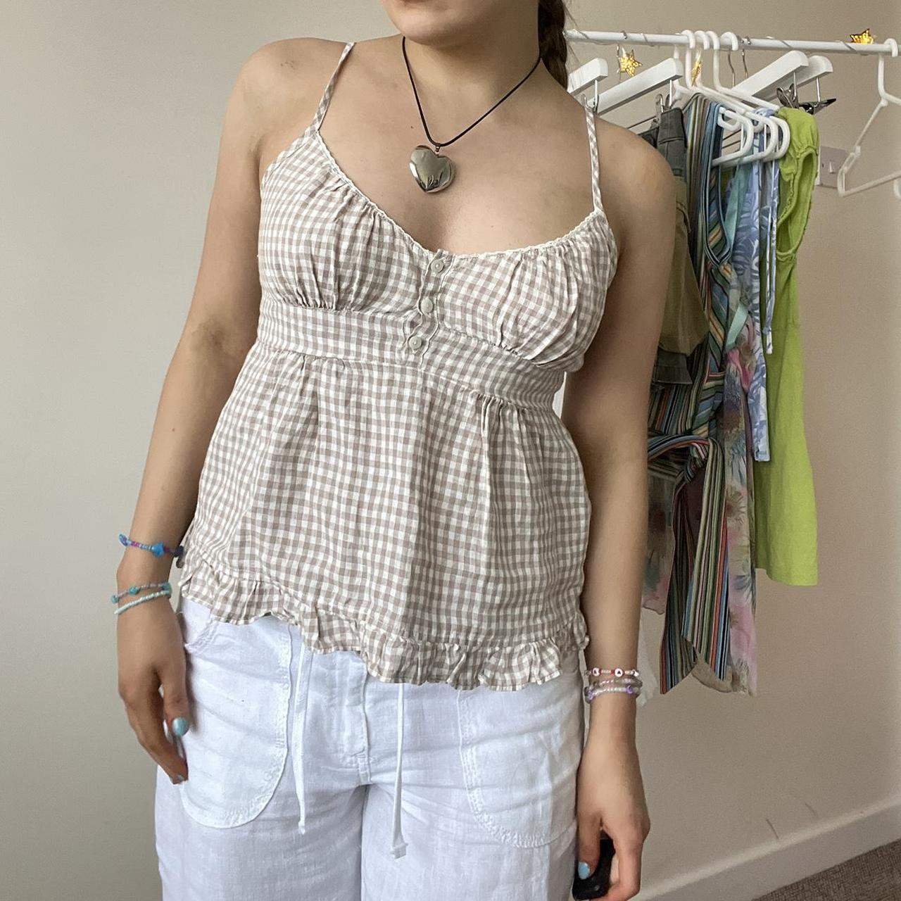 Brandy Melville beige check babydoll top, in fab... Depop