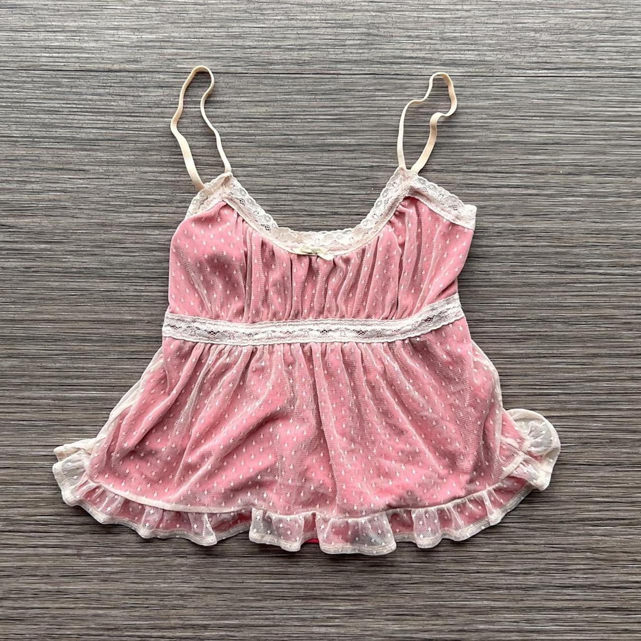 Urban outfitters pink mesh babydoll top - polka dot... - Depop