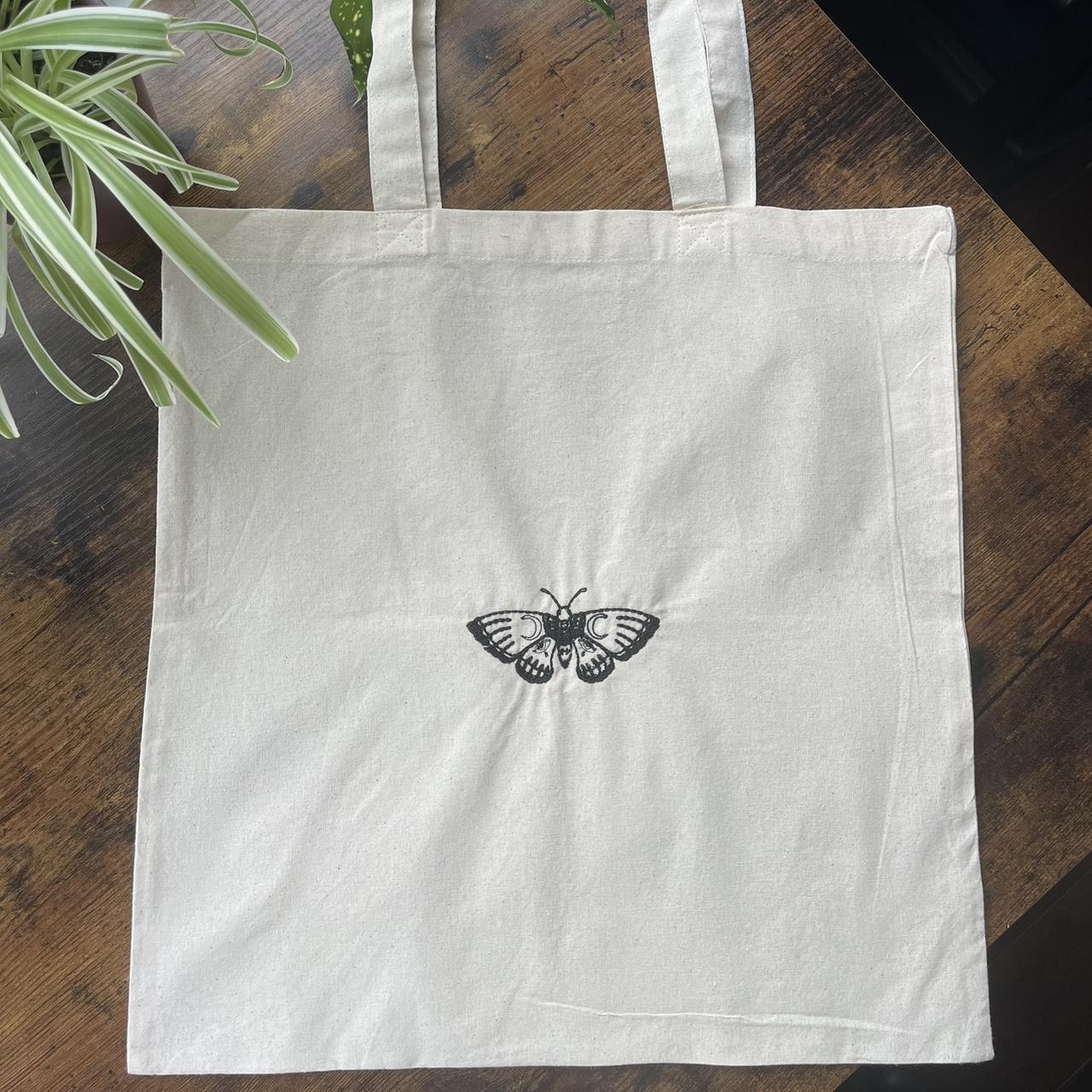 Moth Embroidered Tote Bag - Lightweight Canvas - Depop