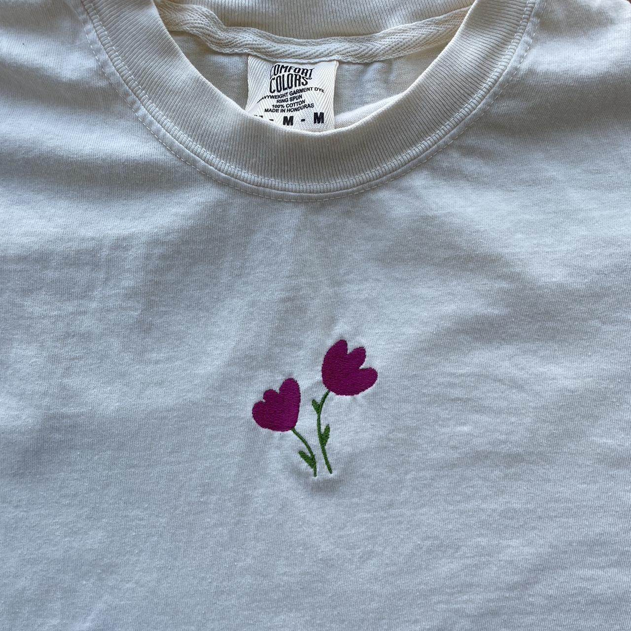 Embroidered flowers on a cream comfort colors tee... - Depop