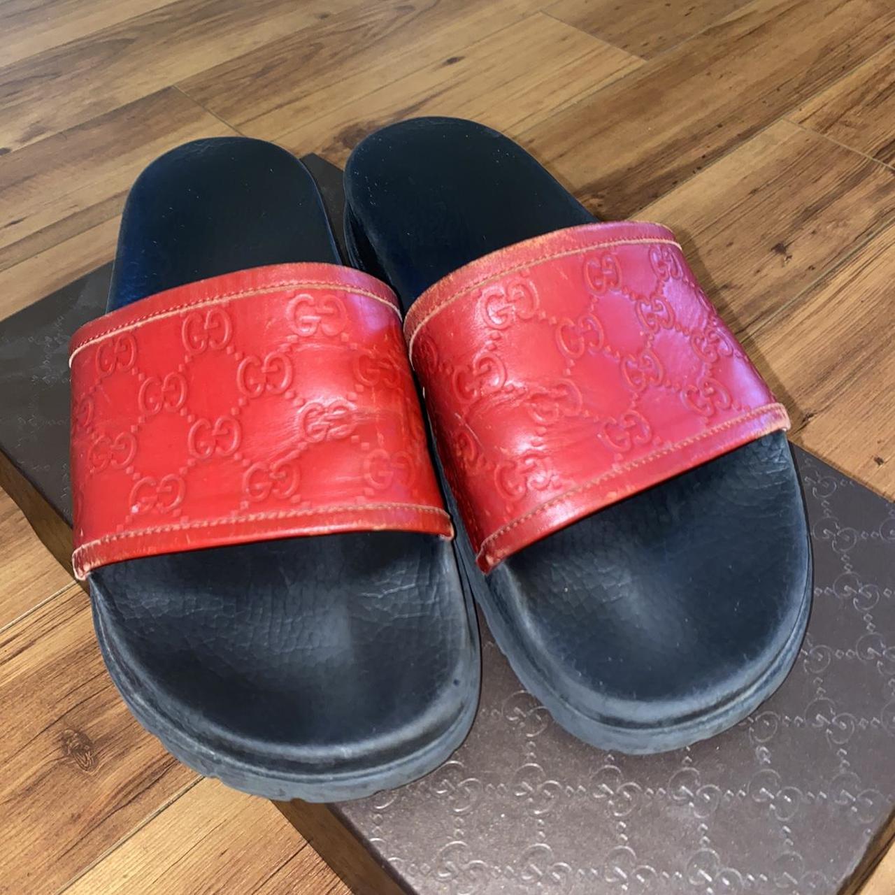 Red Gucci slides some obvious wear tear. Bought. Depop