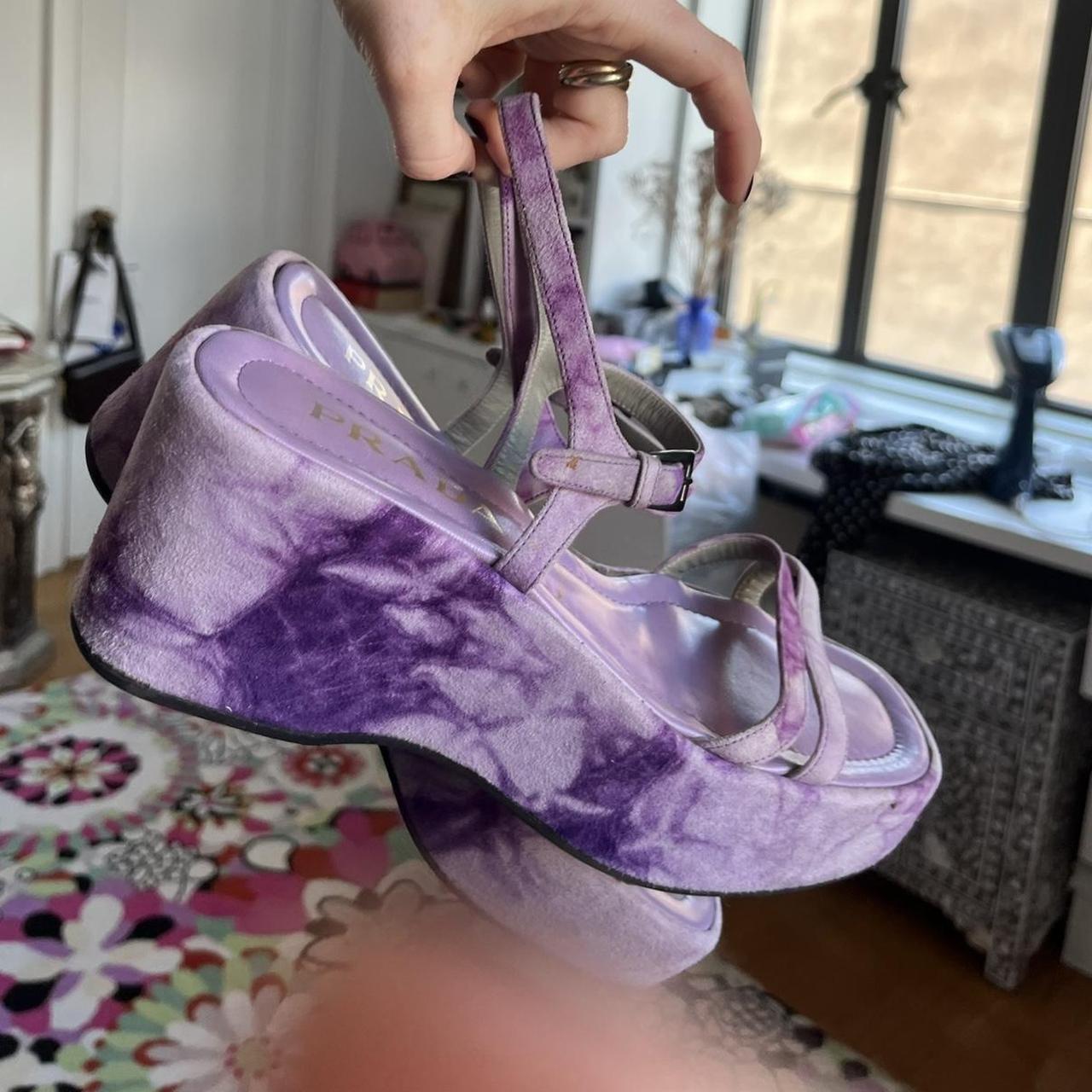 【関税&送料込】Prada Tyrian Purple Suede Sandals PRADA Satin Metal Triangle Logo Ankle Strap 40/135mm