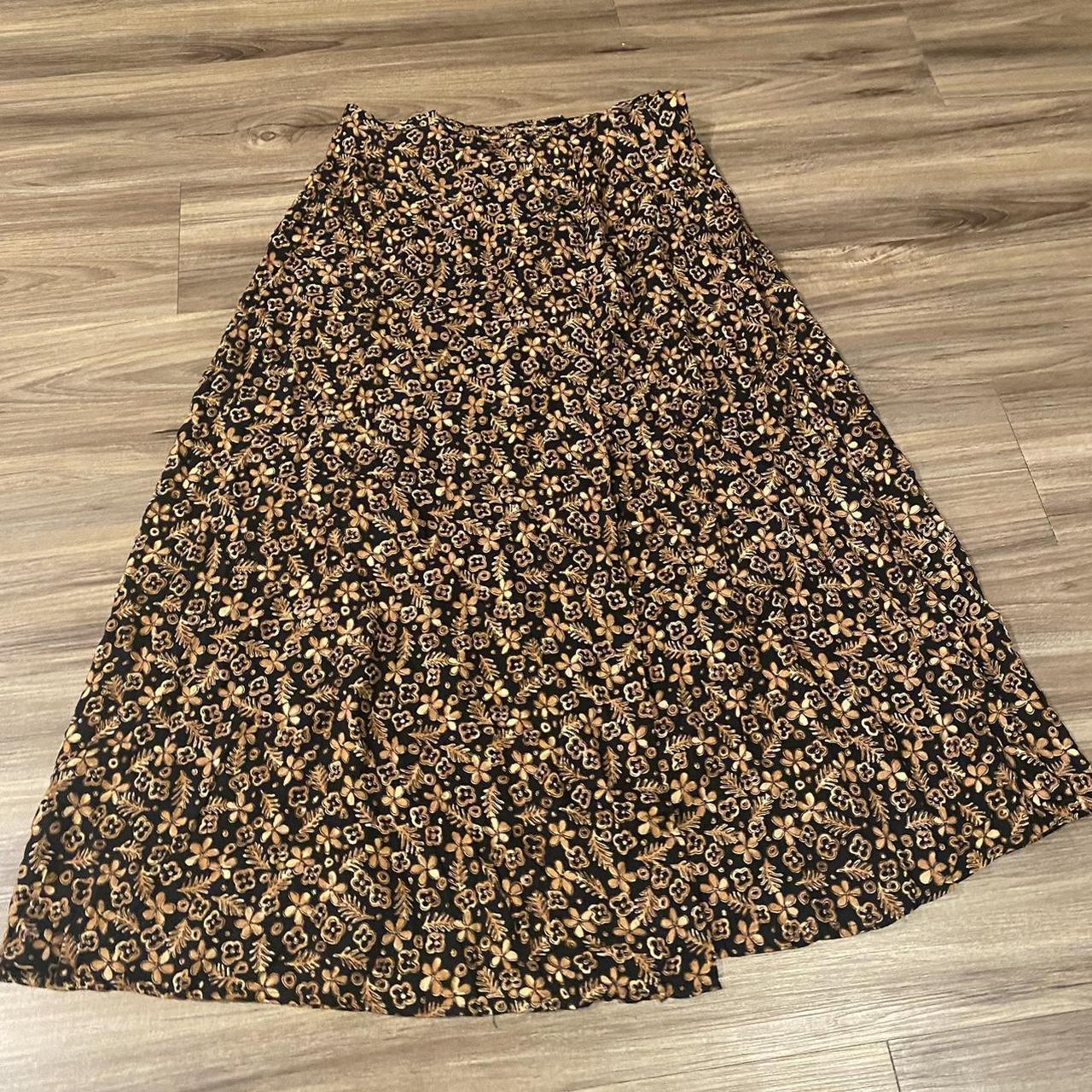 black and gold floral wrap maxi skirt size medium... - Depop