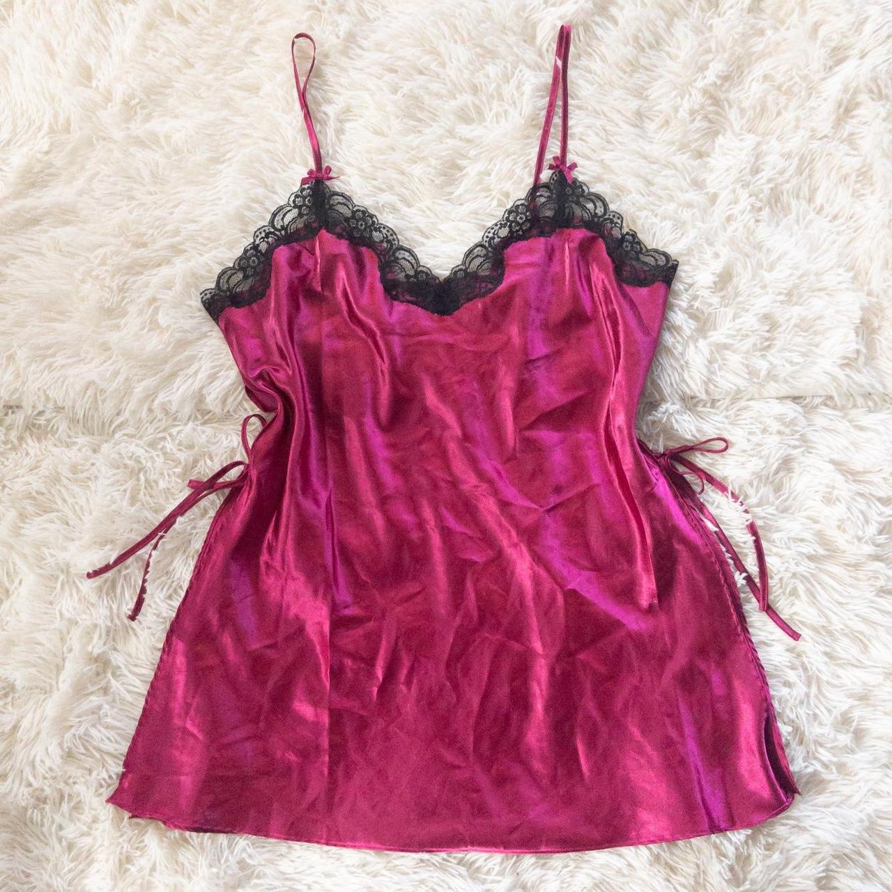 Burgundy satin slip dress with black lace trim,... - Depop