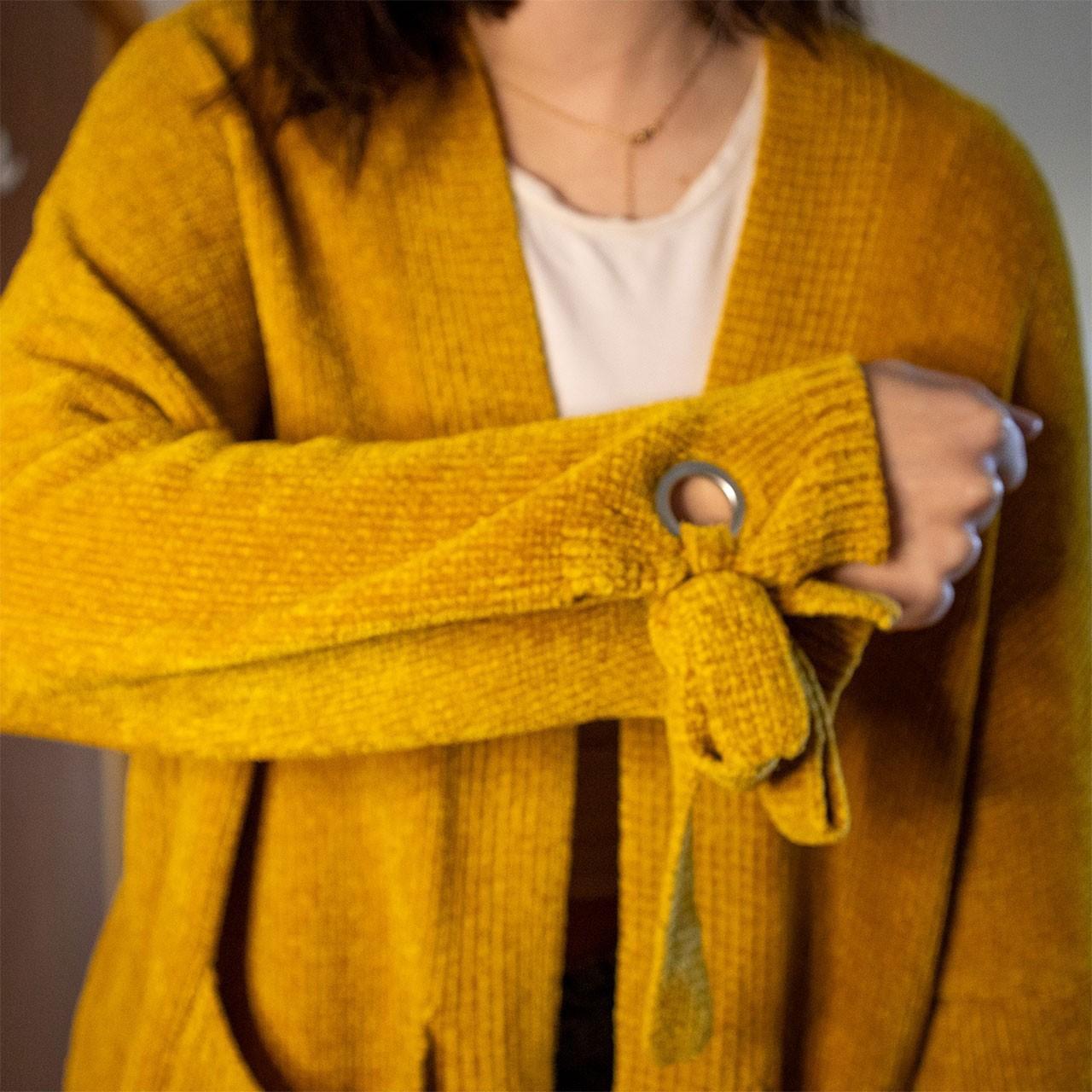 Mustard yellow boxy cardigan with pockets and tie Depop