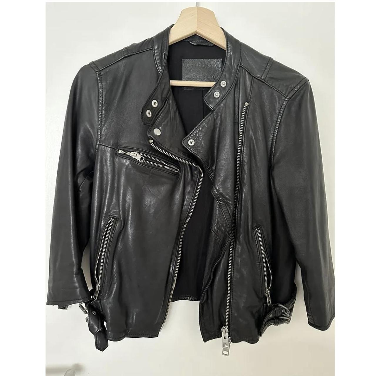 All Saints Turne Black Leather Jacket 3/4 length... - Depop