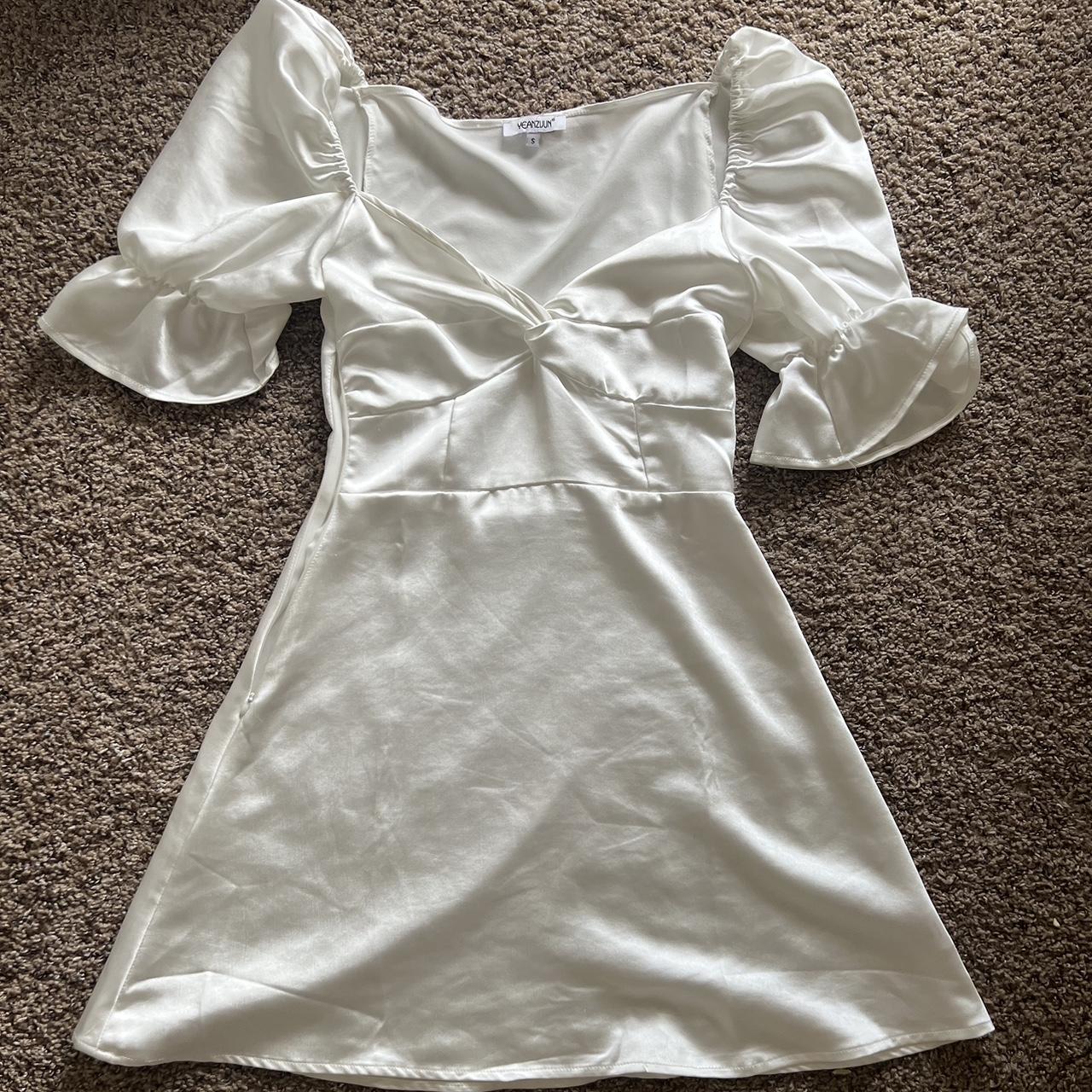 white satin mini dress puffy sleeves -Size... - Depop