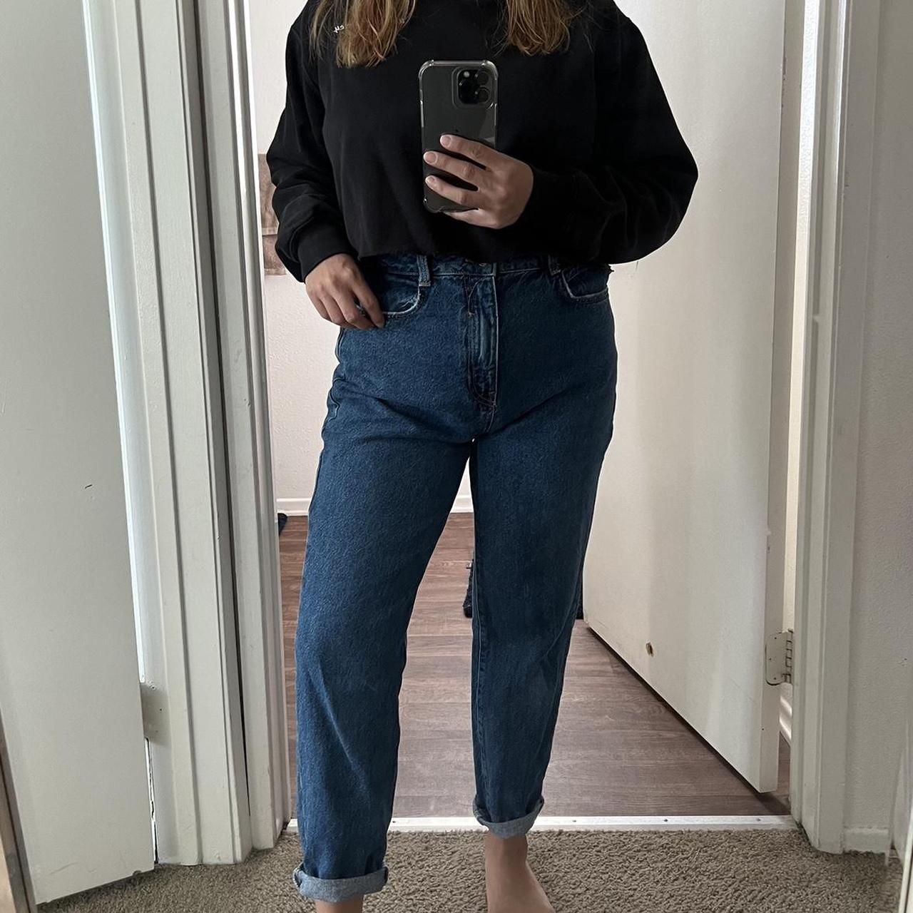 High waisted dark blue denim Zara Mom Jeans. True to... Depop