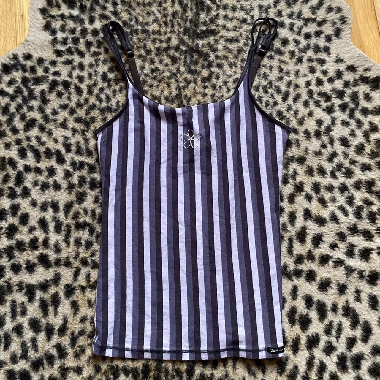 Vintage stripy tight fit cami with diamanté flower... - Depop