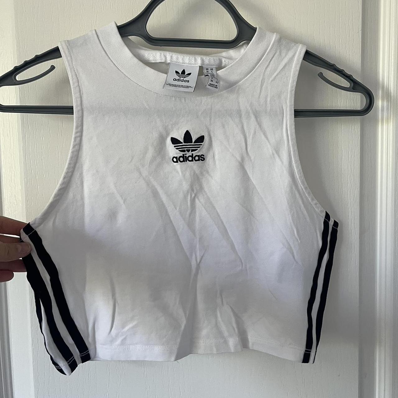 Adidas white and black stripe crop top, perfect for... - Depop