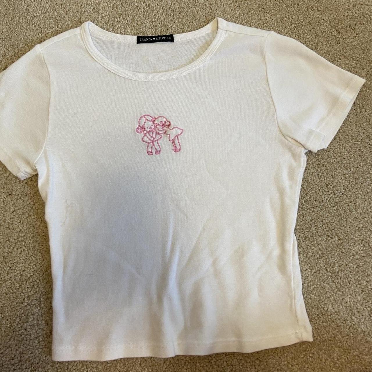 Brandy Melville Women's White and Pink Croptop Depop