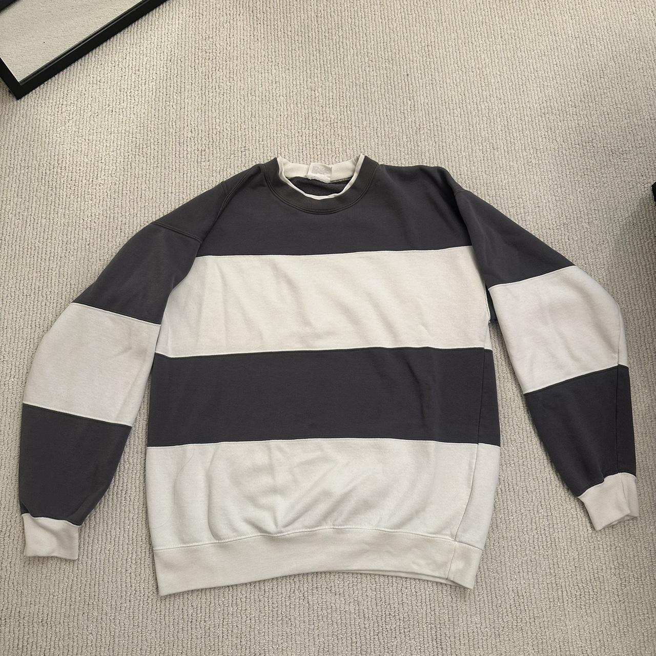 Grey and white striped crewneck size L Thrifted,... - Depop