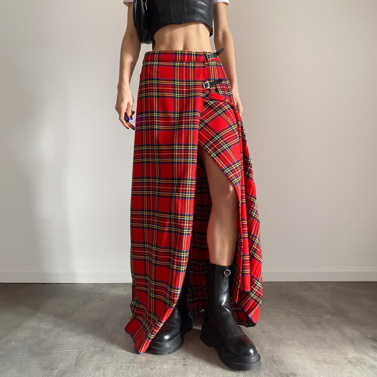 Vintage Y2K 00s Red Pleated Plaid Tartan Maxi Skirt... - Depop