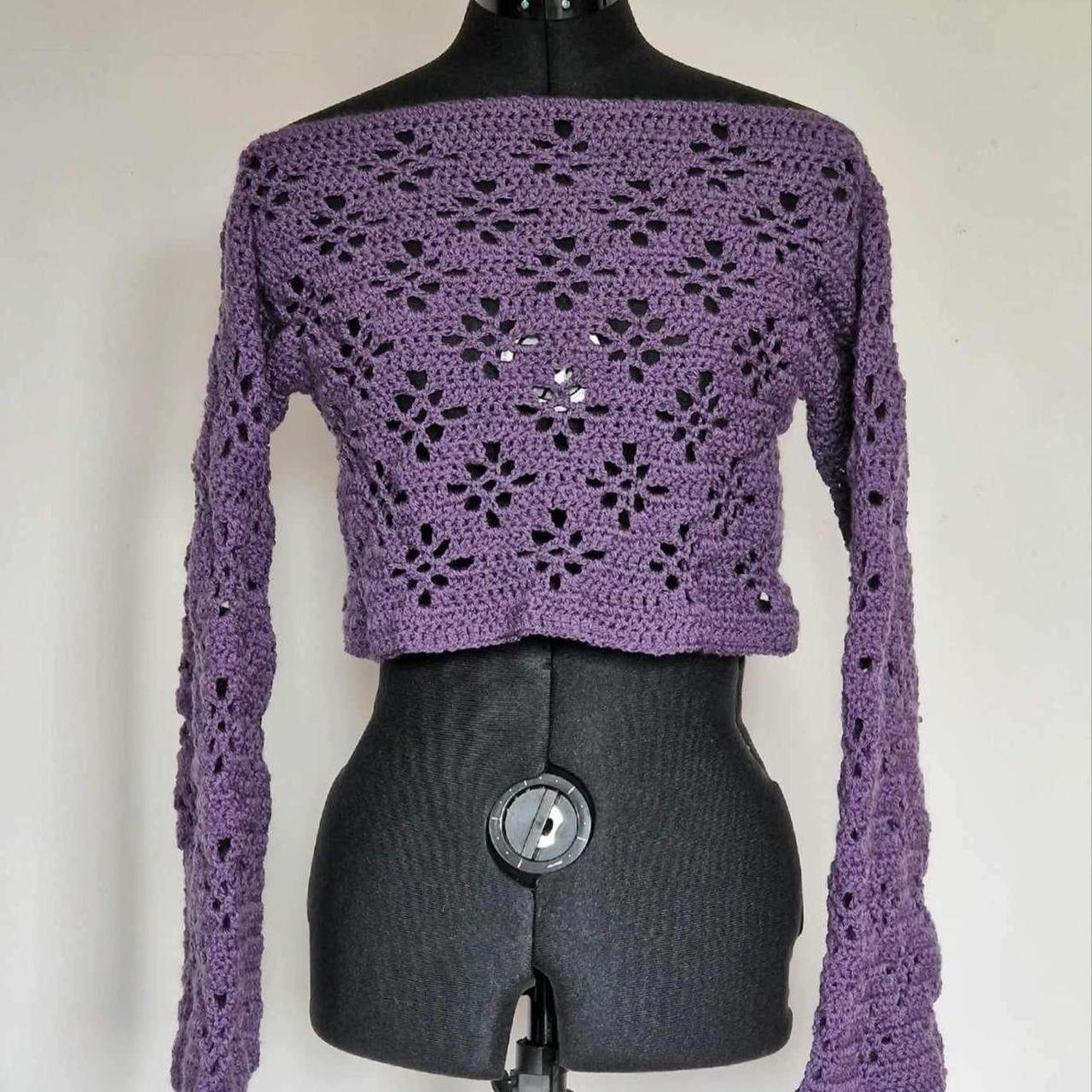 - Purple long sleeve crochet jumper top, boat neck -... - Depop