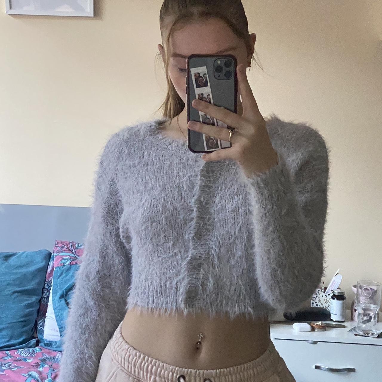 grey fuzzy cardigan size xs cropped... Depop