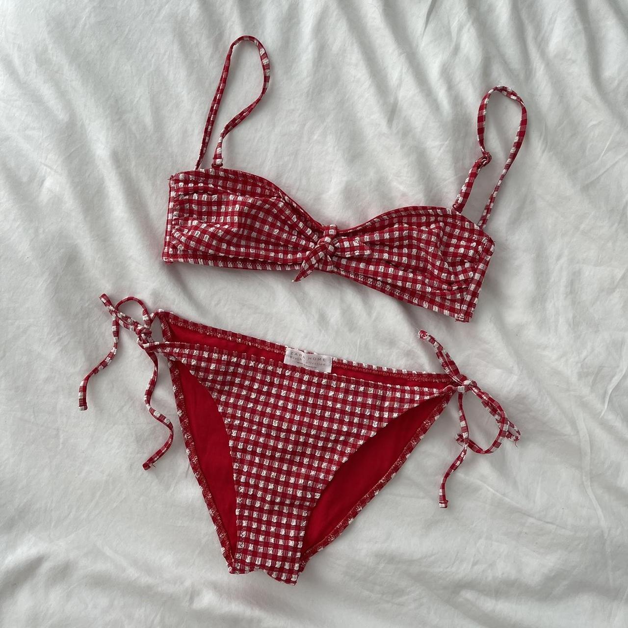 Zara red and white gingham bikini set. Size M. -... - Depop