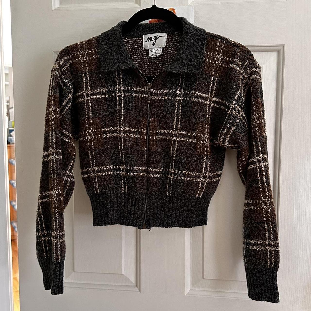 Super Cute Vintage Cropped Zip Up Plaid Brown Purple Depop