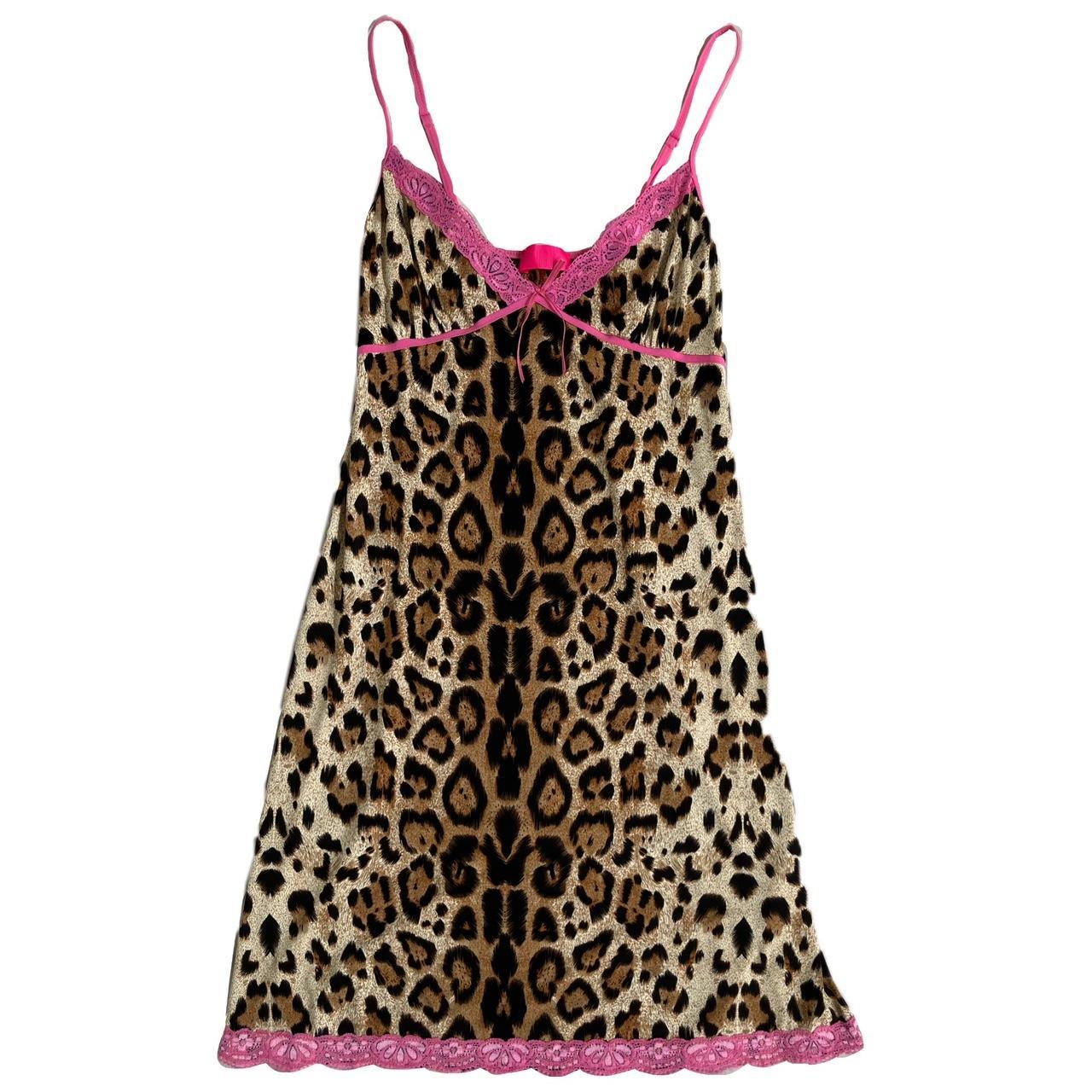 leopard print y2k slip dress with hot pink lace... - Depop