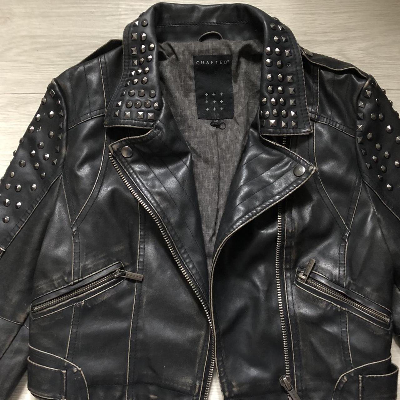 Cropped studded leather jacket Vintage style black | Depop